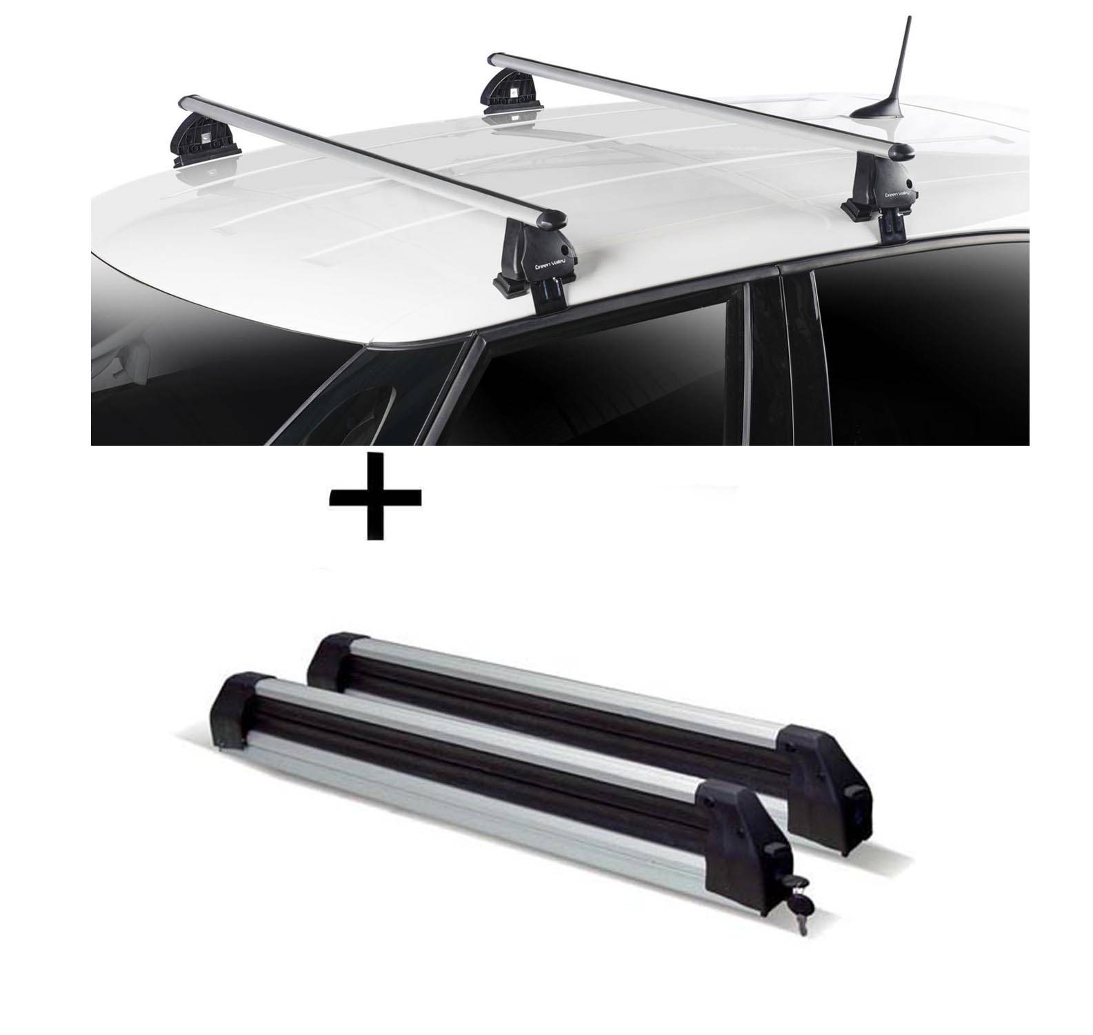 Skiträger Silver Ice ausziehbar + Dachträger VDP EVO ALU kompatibel mit für Ssangyong Tivoli 5 Türer ab 2015