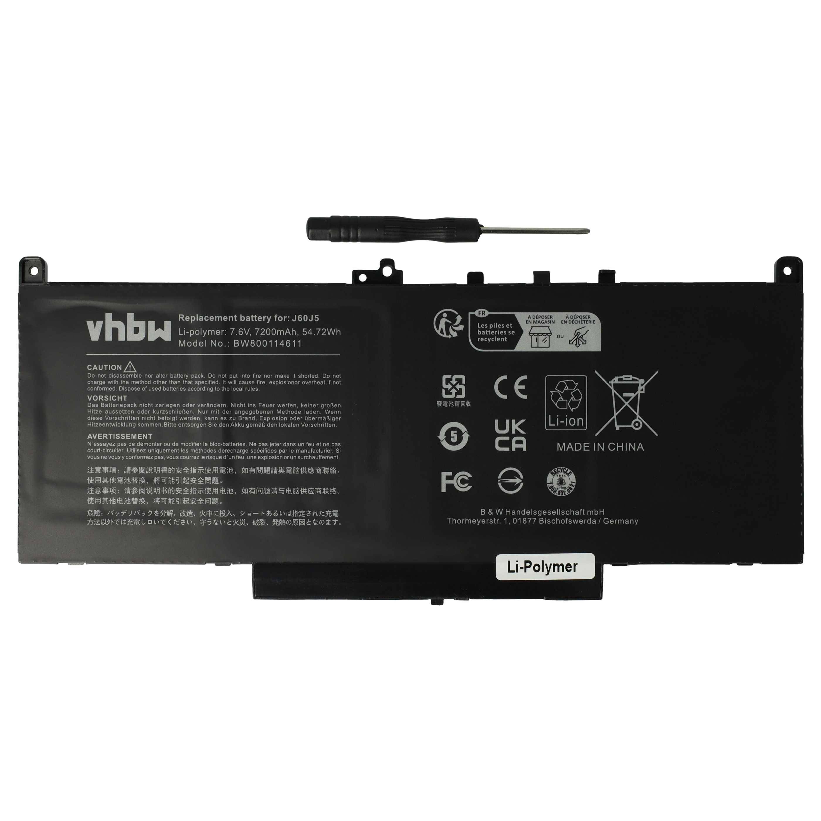 vhbw 1x Akku kompatibel mit Dell Latitude 14 E7470 (N007L74701580CN) Notebook (7200 mAh, 7,6 V, Li-Polymer)
