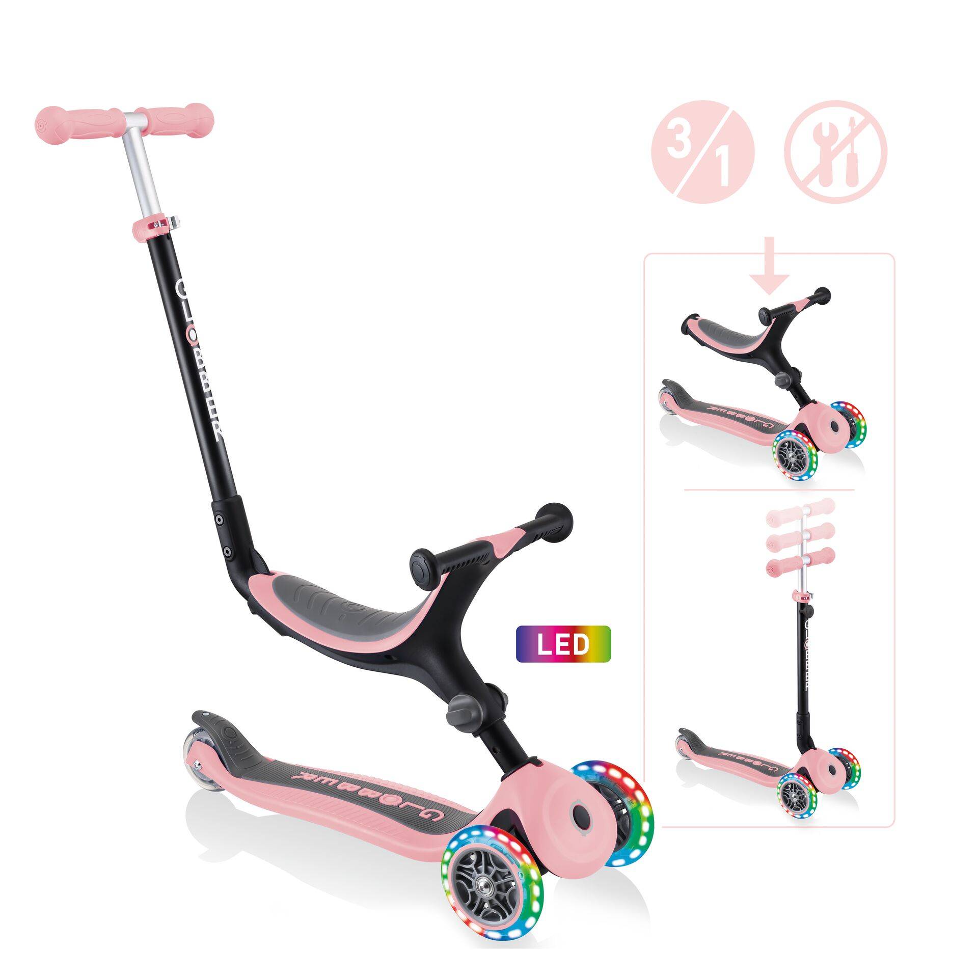 GLOBBER GO-UP FOLDABLE LIGHTS – 3 in 1 Dreirad, 120/80 mm, ABEC 5, 3-rädrig, höhenverstellbar, LED-Rollen, pastellrosa