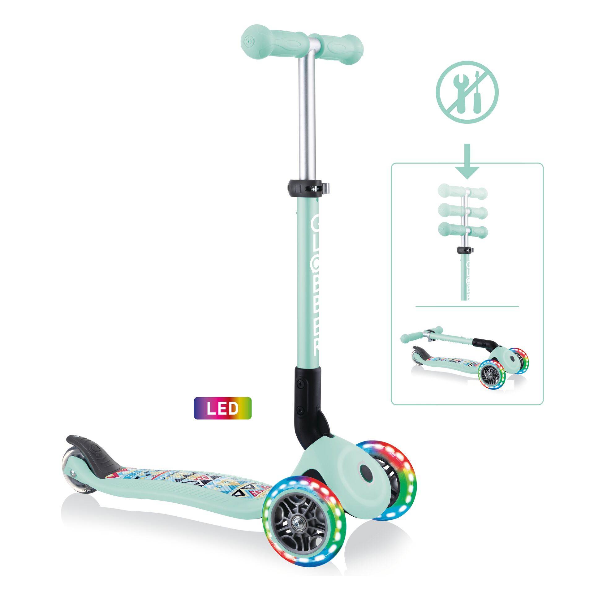 GLOBBER JUNIOR FOLDABLE FANTASY LIGHTS – Tretroller, 120/80 mm, ABEC 5, 3-rädrig, LED-Leuchtrollen, mint-Tribal