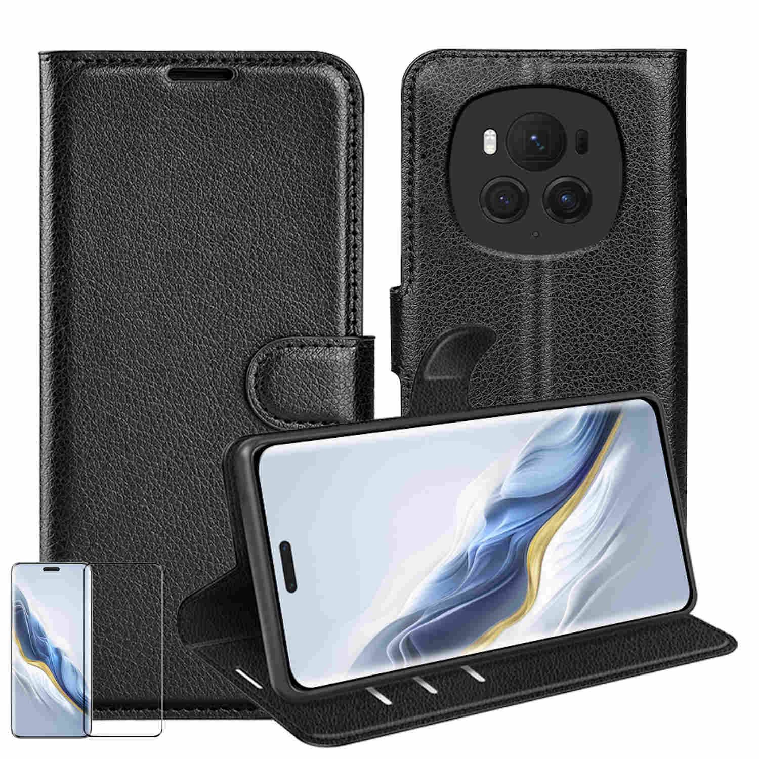 Für Honor Magic 6 Pro Book Wallet Tasche Schwarz + Curved Hart Glas
