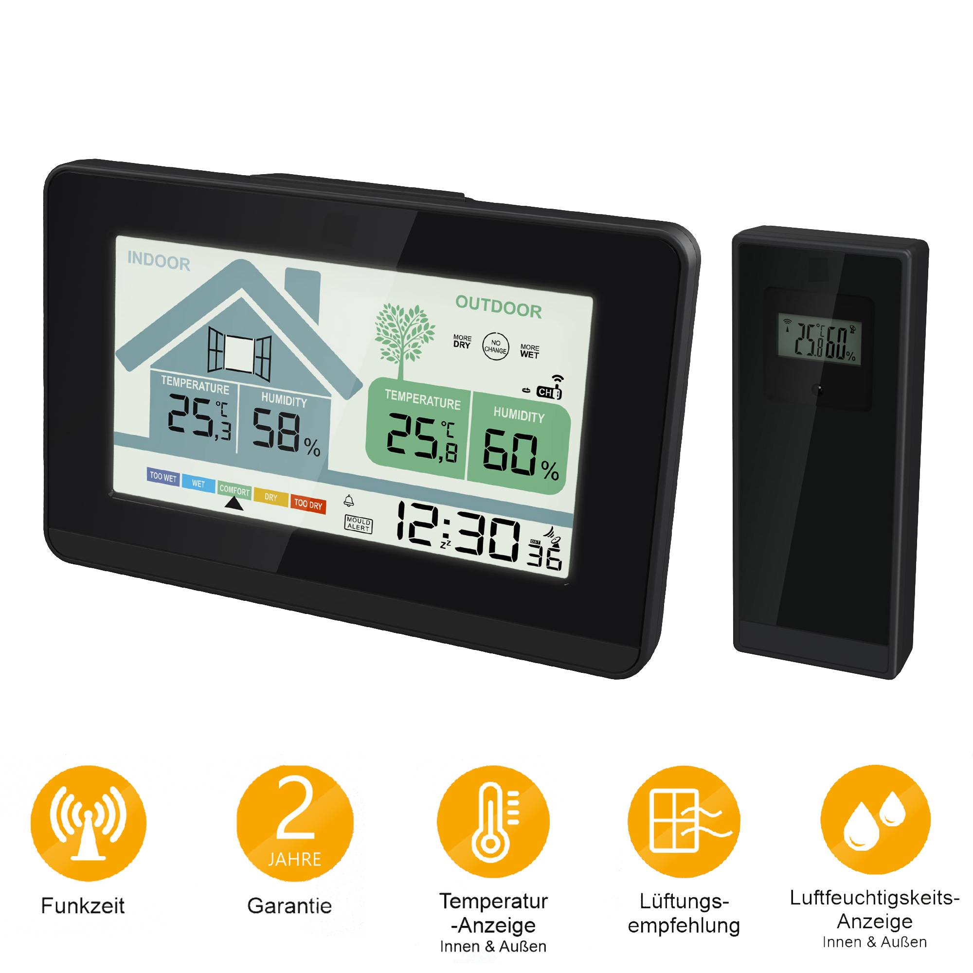 Funk-Wetterstation mit Lüftungsempfehlung 1x Sensor LCD Farb Display Funk-Wetterstation mit Datumsanzeige Digital Schwarz Funkuhr Alarm Snooze