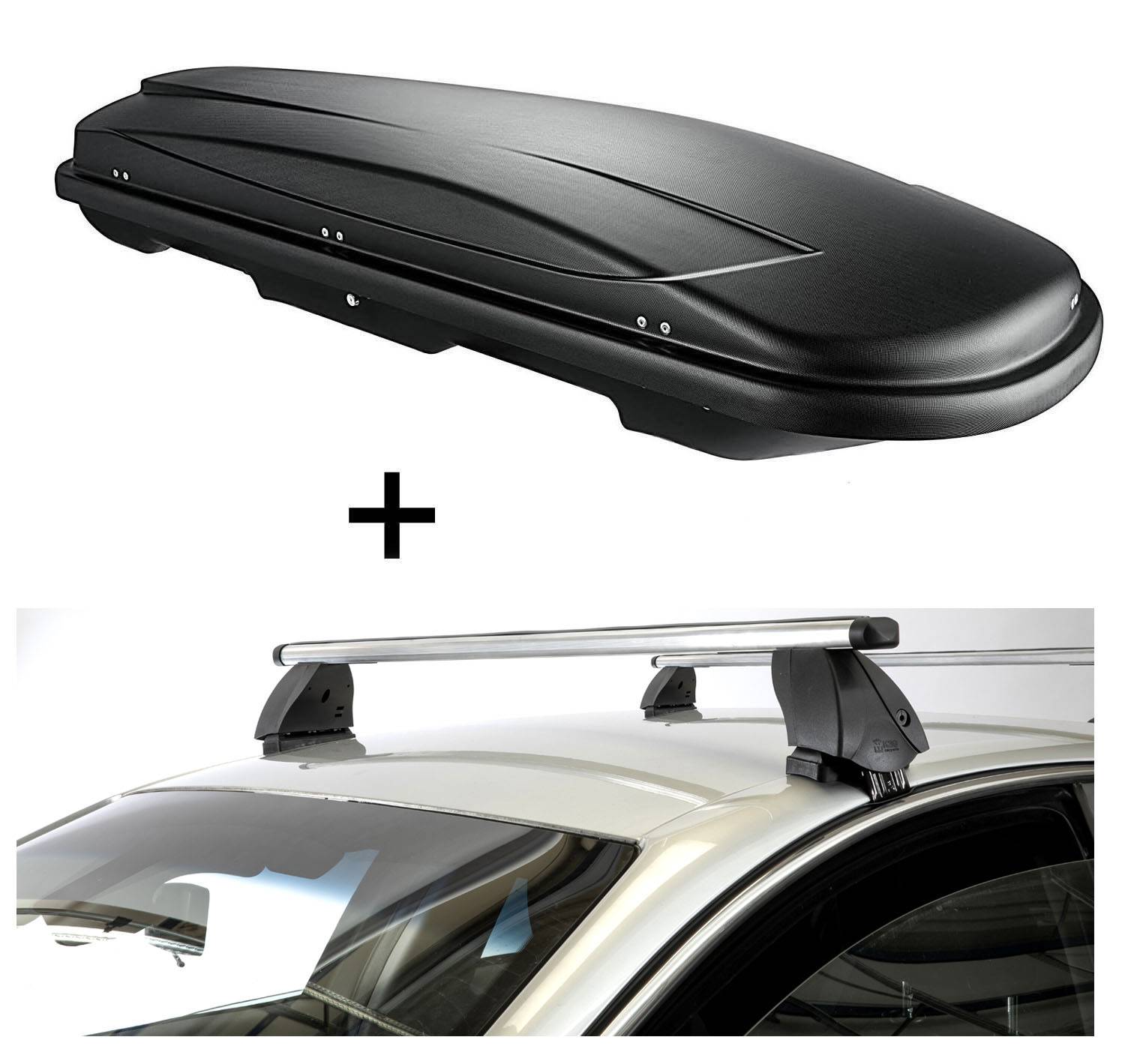 Dachbox VDPJUXT600 600 Liter abschließbar + Dachträger K1 PRO Aluminium kompatibel mit für Peugeot 208 (5Türer) 12-15