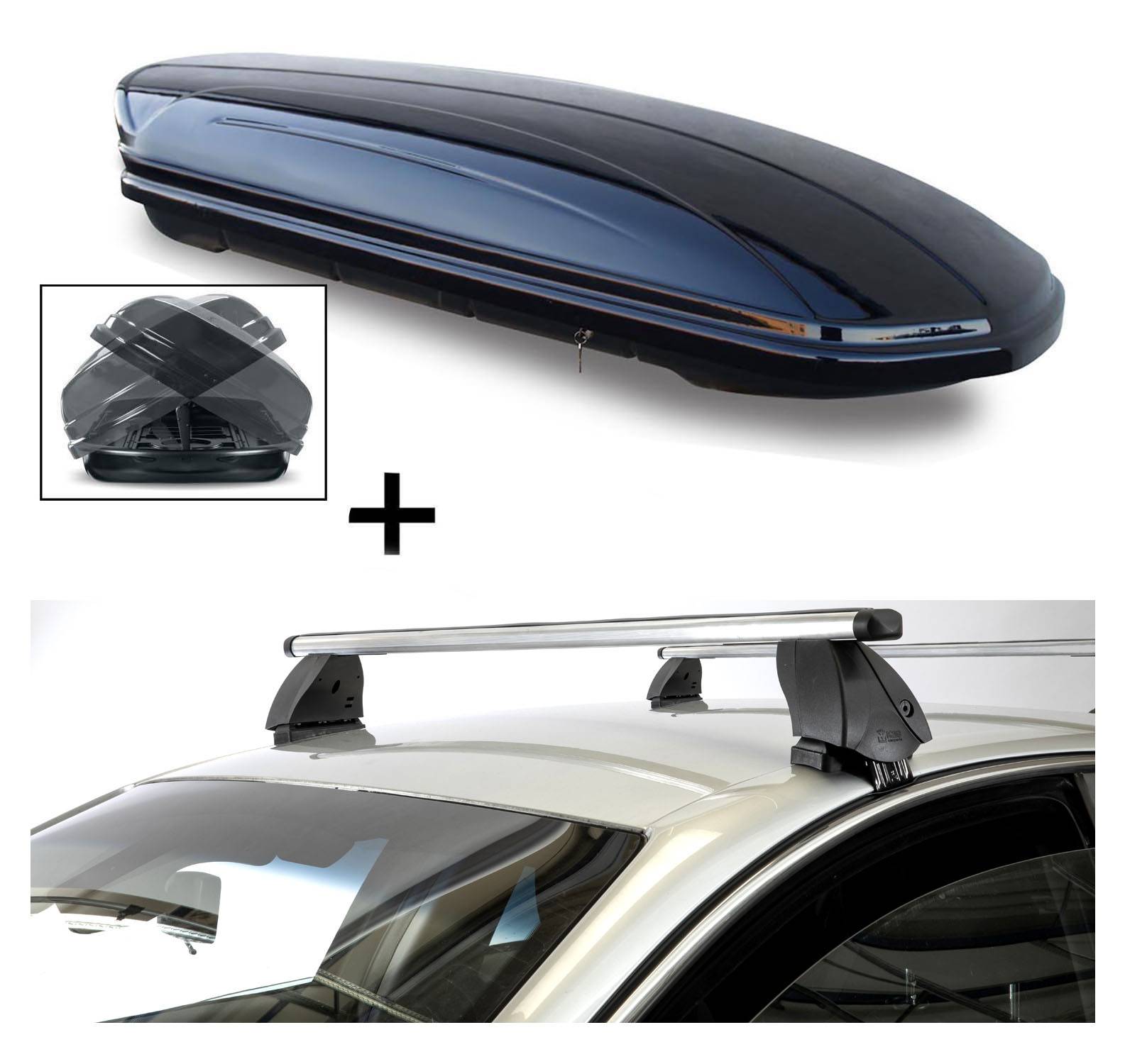 Dachbox VDPMAA580 580 Liter Duo beidseitig aufklappbar abschließbar + Dachträger K1 PRO Aluminium kompatibel mit für Ford Fiesta VI (5Türer) 08-17