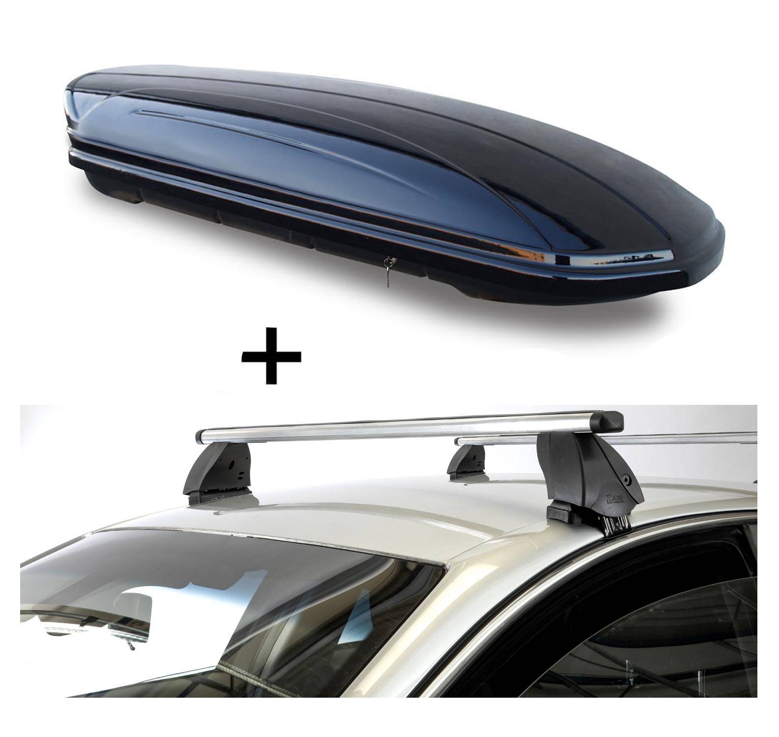 Dachbox VDPMAA320 320 Liter abschließbar schwarz + Dachträger K1 PRO Aluminium kompatibel mit für Fiat Grande Punto (5Türer) 05-12