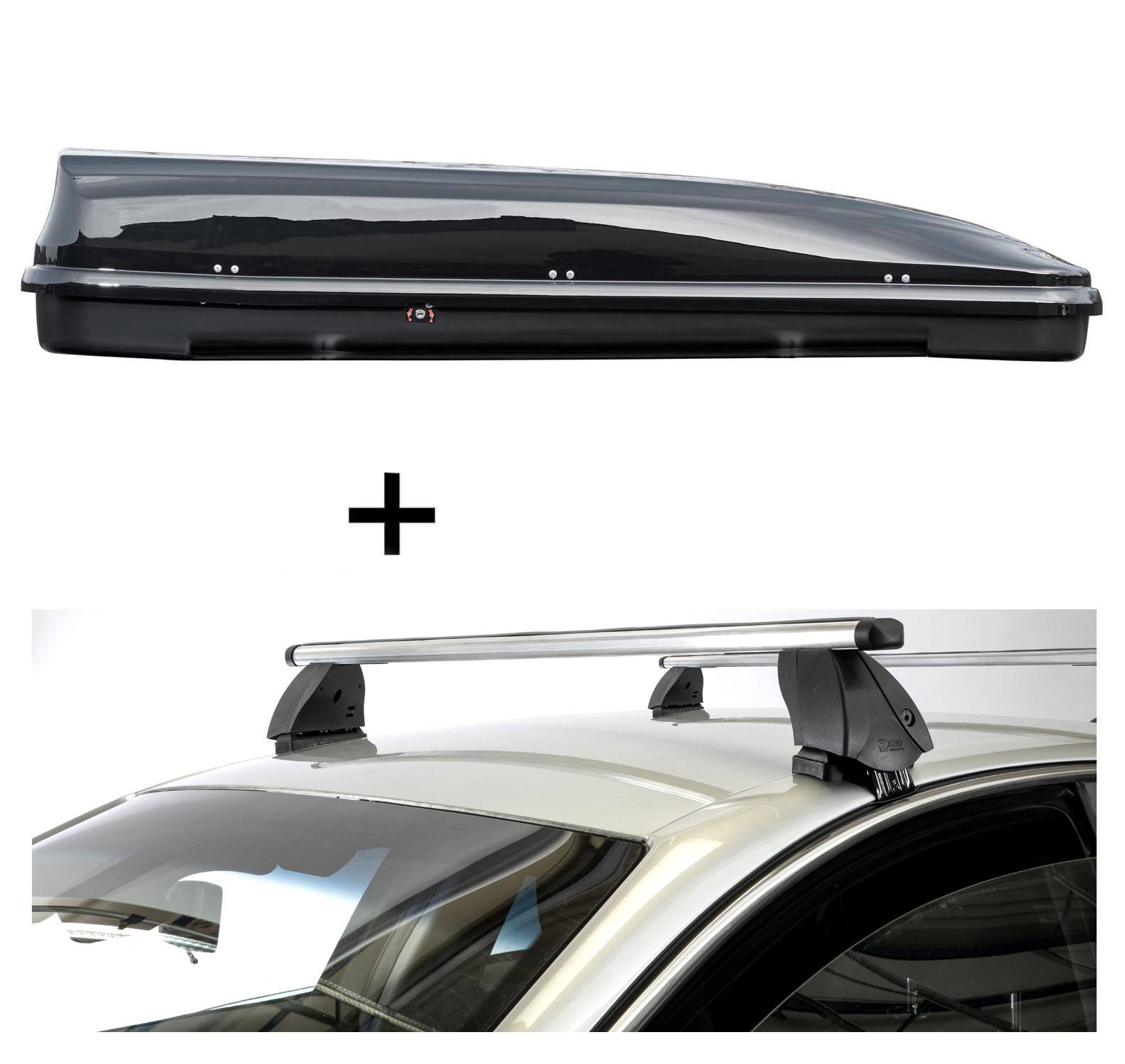 Dachbox VDPFL460 460 Liter schwarz glänzend + Dachträger K1 PRO Aluminium kompatibel mit für Ssangyong Rexton Sport (4Türer) ab 18