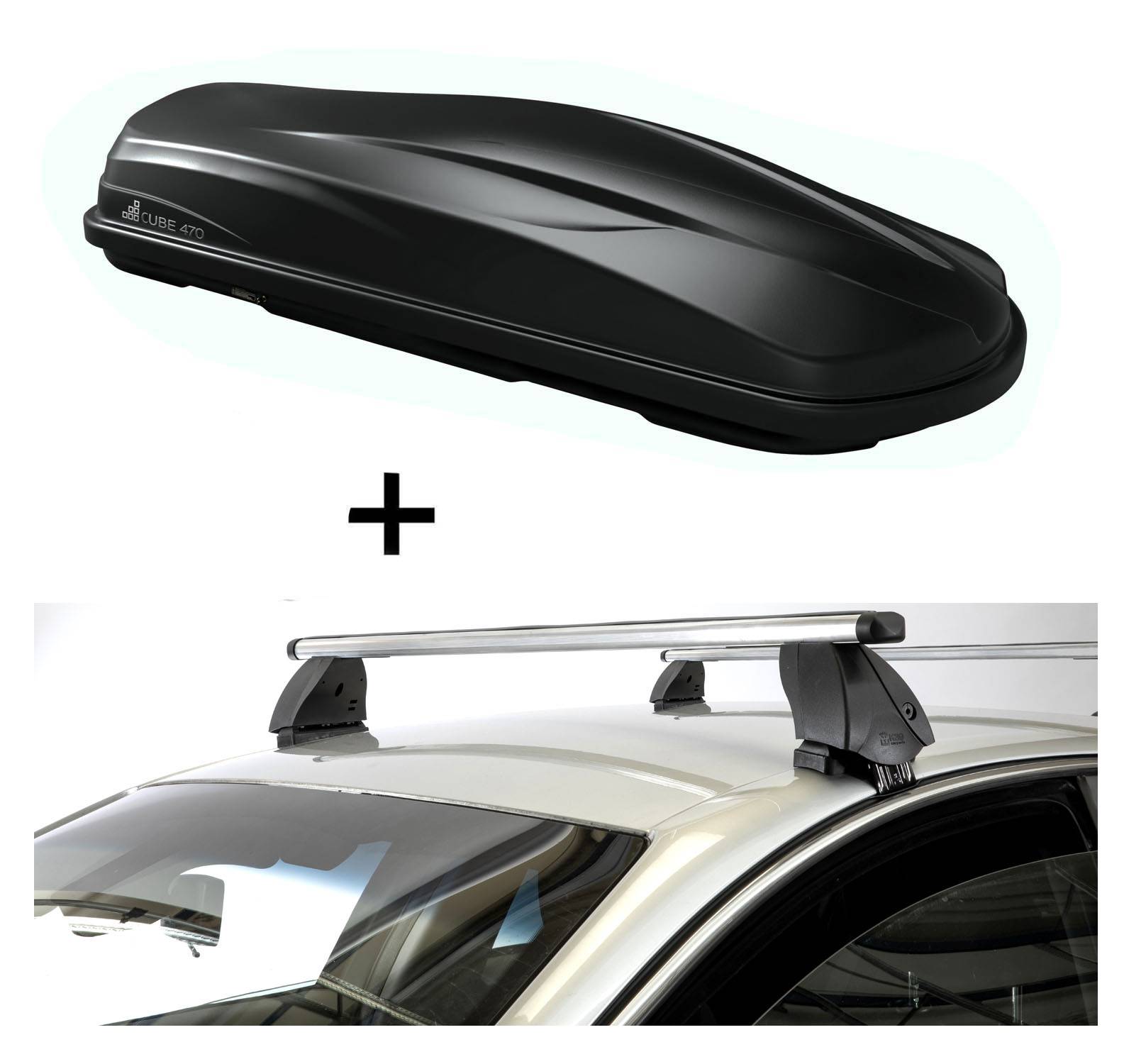 Dachbox CUBE470 470 Liter schwarz + Dachträger K1 PRO Aluminium kompatibel mit für Alfa Romeo 147 (5Türer) 00-10