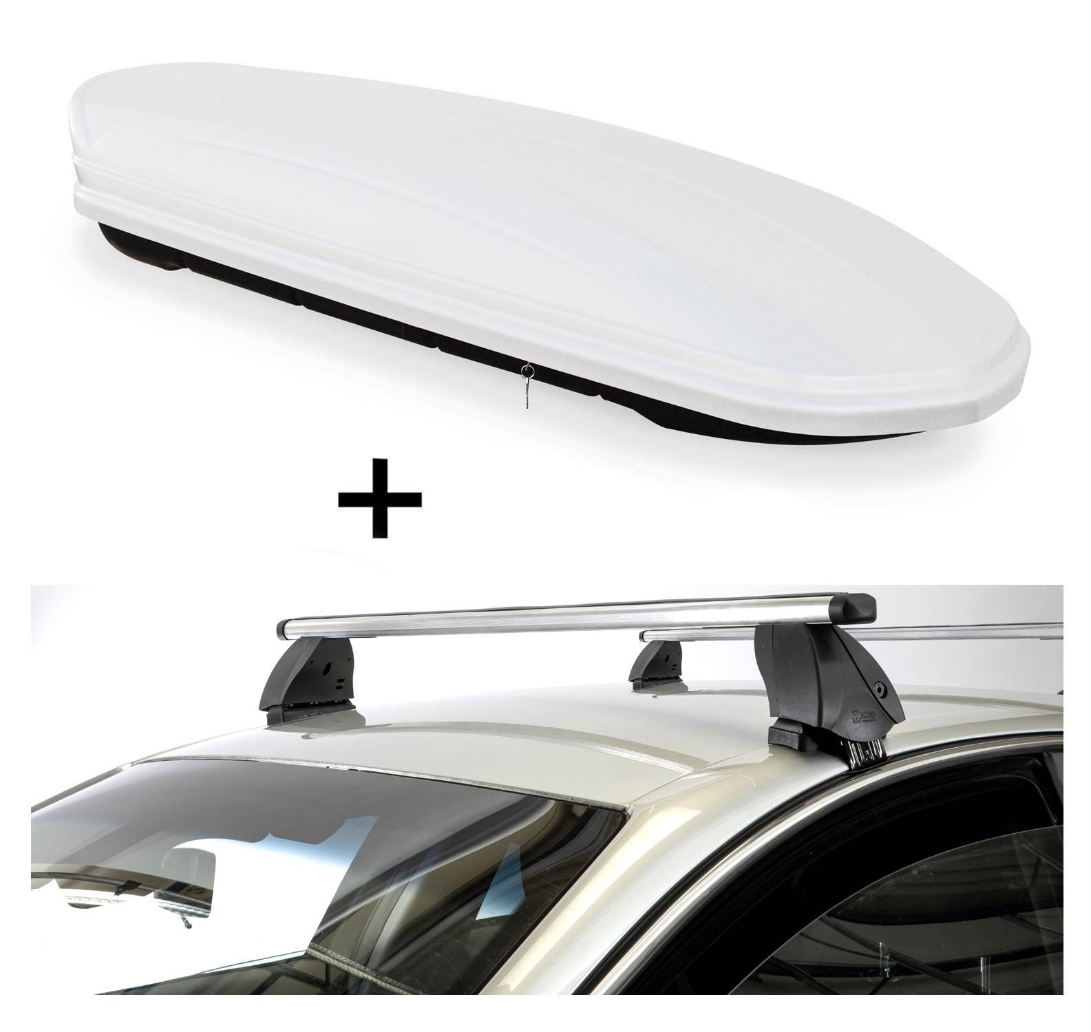 Dachbox VDPMAA460 460 Liter weiß abschließbar + Dachträger K1 PRO Aluminium kompatibel mit für Toyota Yaris (P1) (5Türer) 99-05