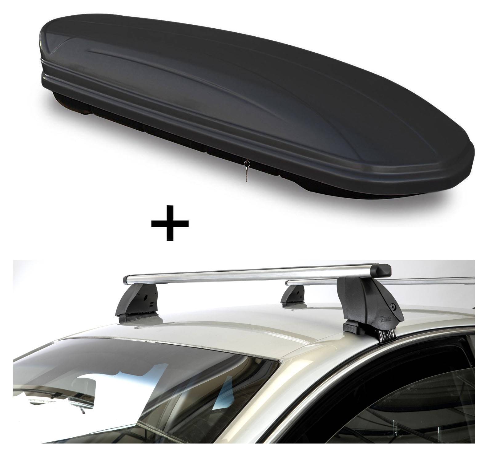 Dachbox VDPMAA460 460 Liter schwarz matt abschließbar + Dachträger K1 PRO Aluminium kompatibel mit für Opel Grandland (5 Türer) ab 2017