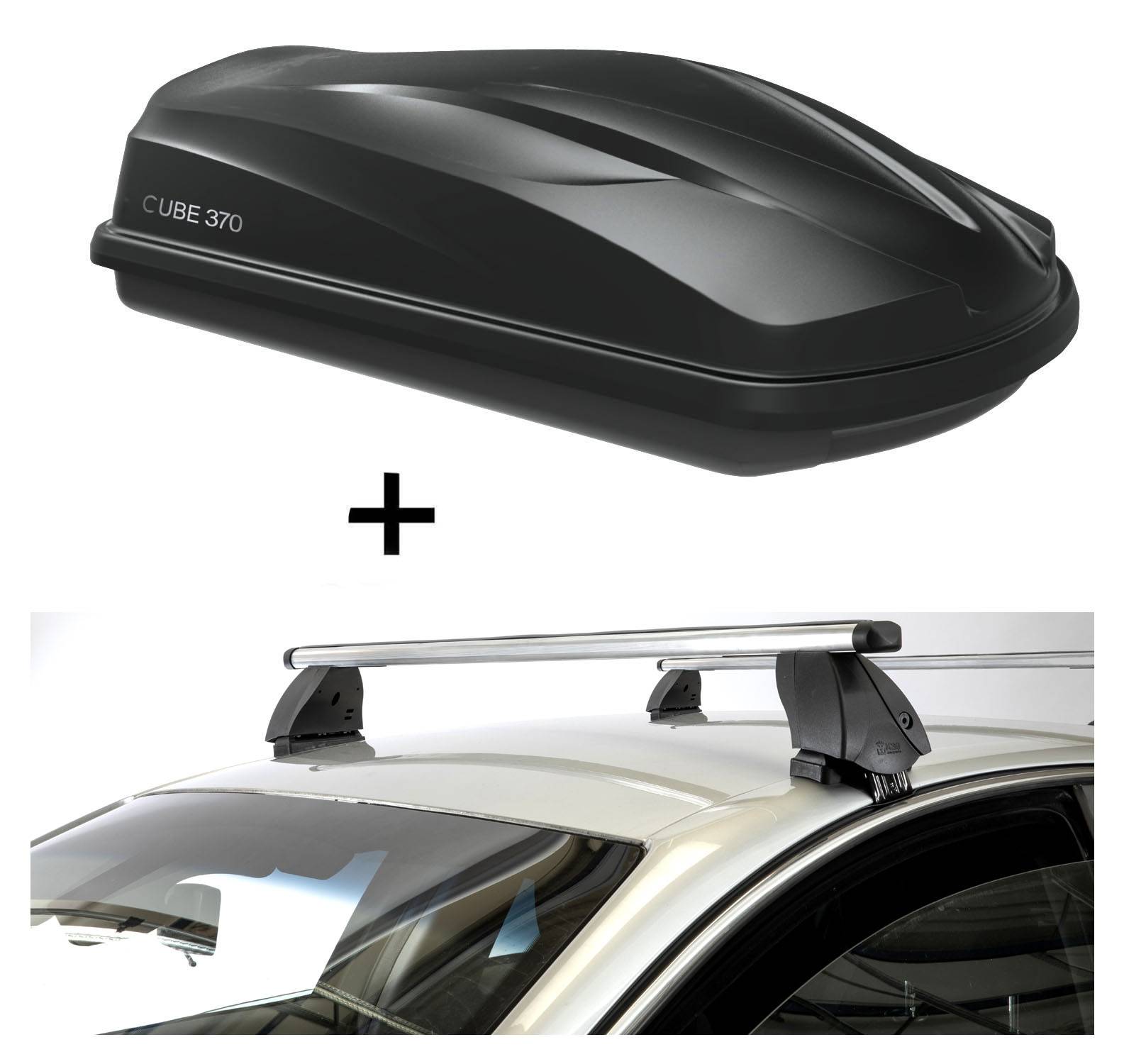 Dachbox CUBE370 370 Liter schwarz + Dachträger K1 PRO Aluminium kompatibel mit für Lexus RX (XU30) (5Türer) 03-09