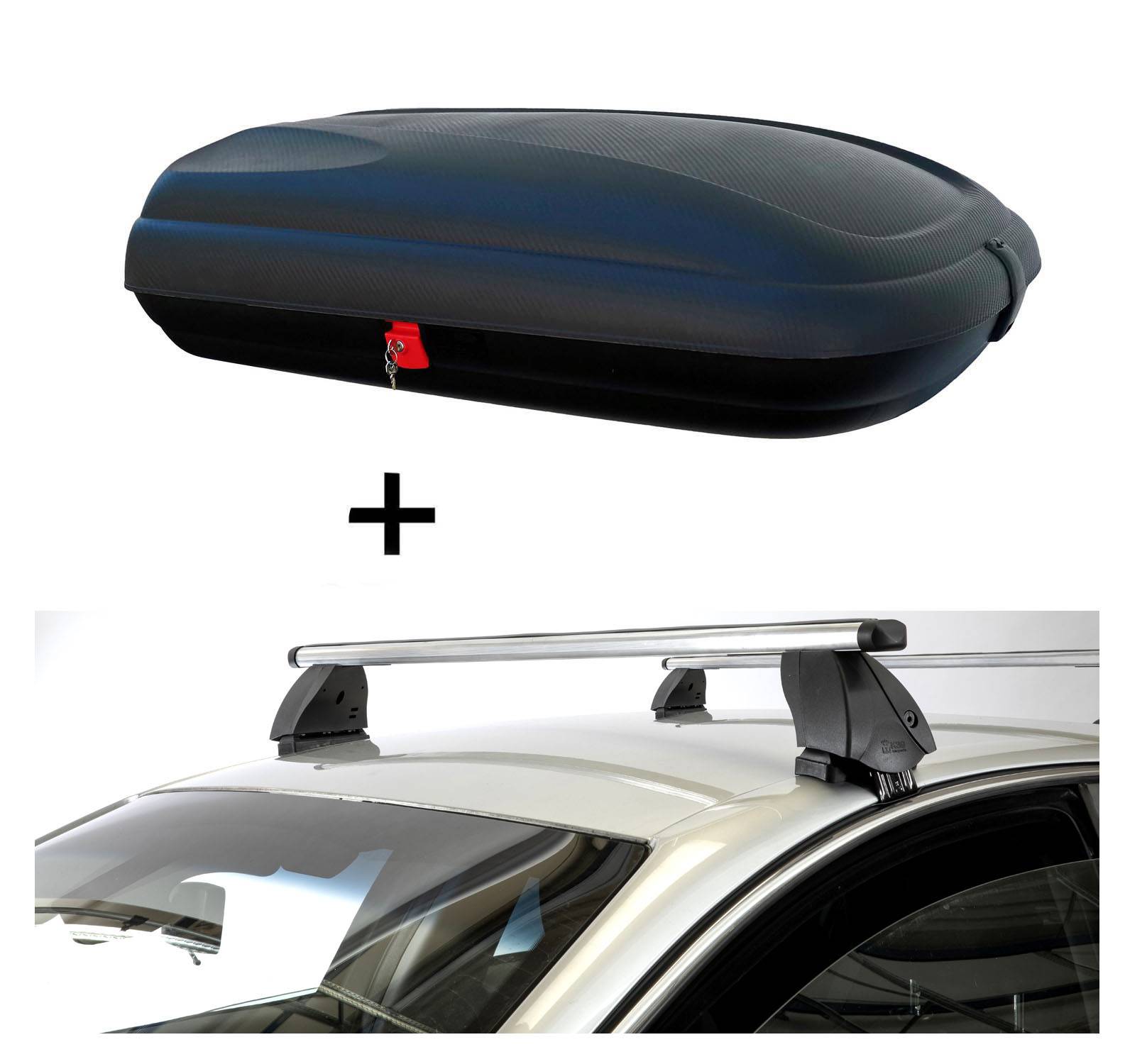 Dachbox VDPBA320 320 Liter carbonlook abschließbar + Dachträger K1 PRO Aluminium kompatibel mit für Opel Crossland (5 Türer) ab 2017