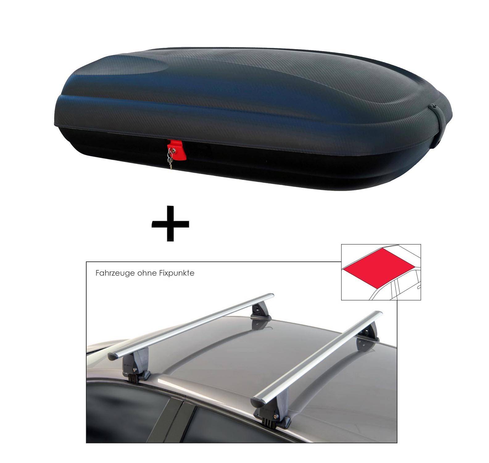 Dachbox VDPBA320 320 Liter carbonlook abschließbar + Dachträger VDP Delta kompatibel mit für Kia Picanto (JA) (5 Türer) ab 2017