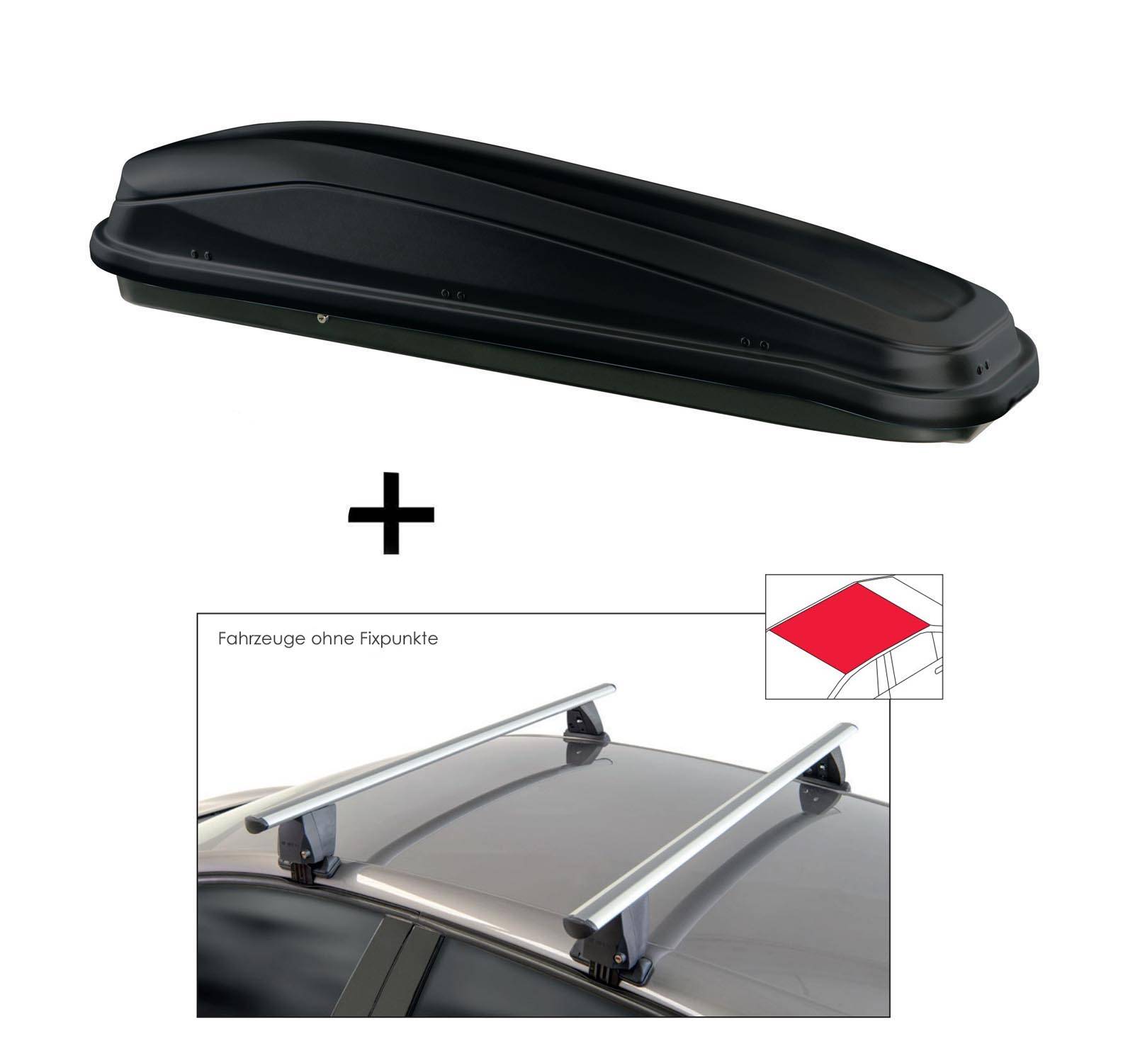 Dachbox JUEASY300 300 Liter schwarz + Dachträger VDP Delta kompatibel mit Chevrolet Aveo (T250) Hatchback (5 Türer) 2005-2011