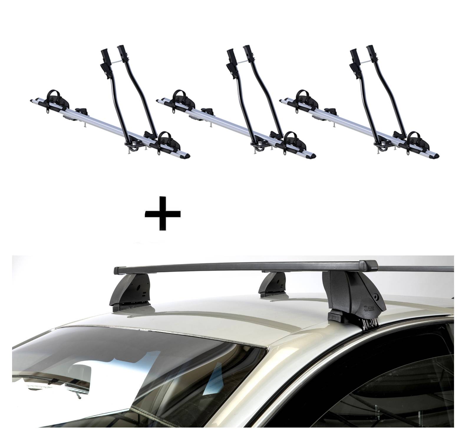 3x Fahrradträger SAGITTAR + Dachträger K1 MEDIUM kompatibel mit für Fiat Grande Punto (5Türer) 05-12