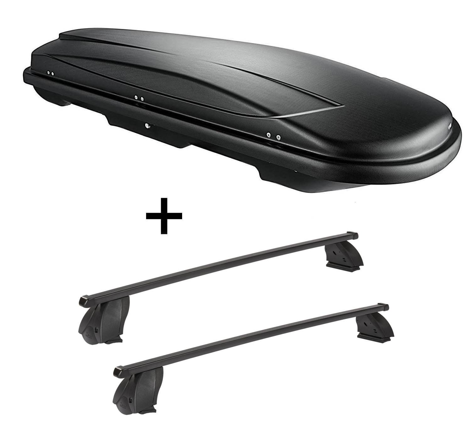 Dachbox VDPJUXT400 400 Liter schwarz abschließbar + Dachträger K1 MEDIUM kompatibel mit Infiniti Q30 (5Türer) ab 16