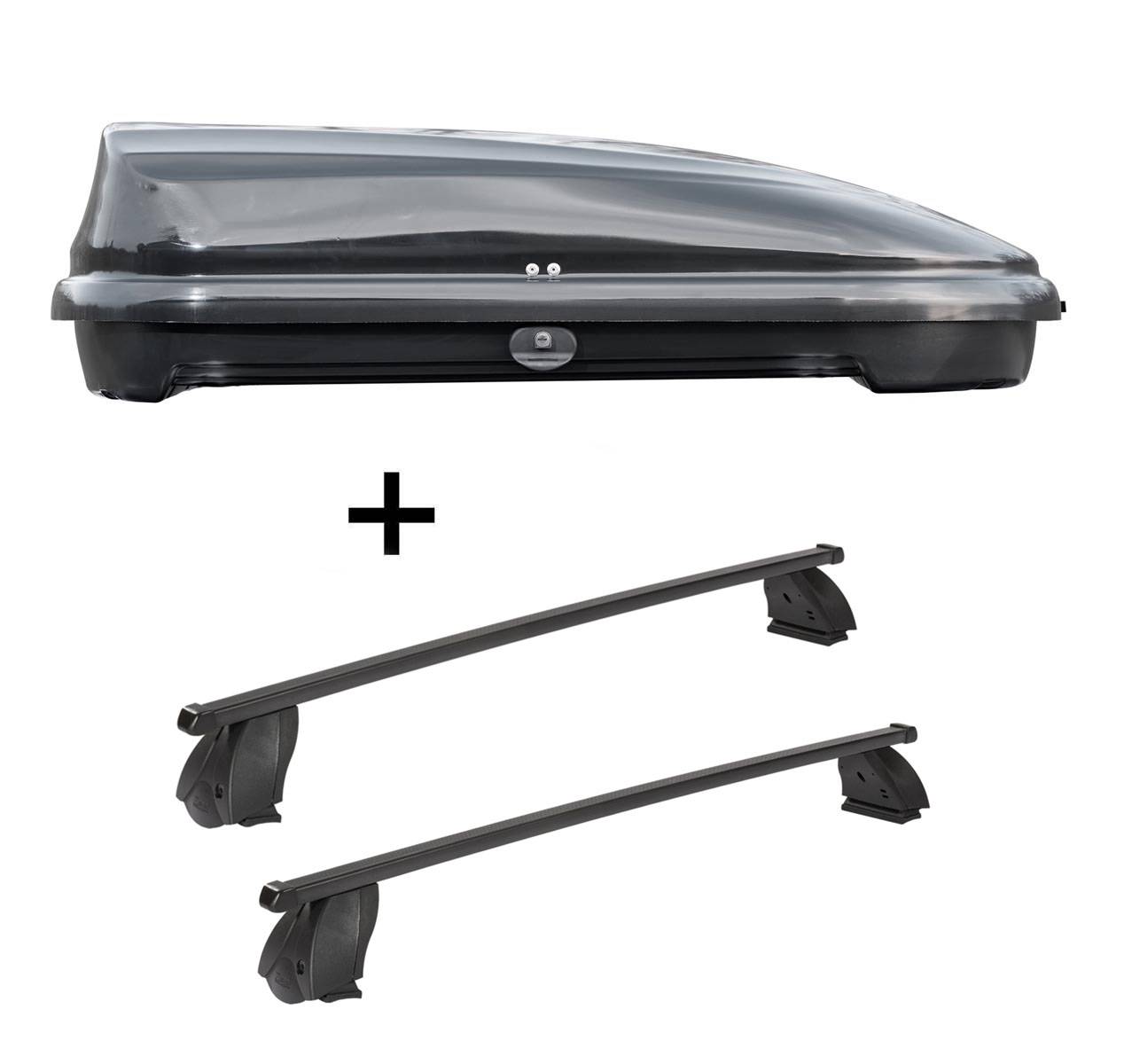 Dachbox VDPFL320 320 Liter schwarz glänzend + Dachträger K1 MEDIUM kompatibel mit für Renault Kangoo Express (Mk2) (5Türer) ab 08