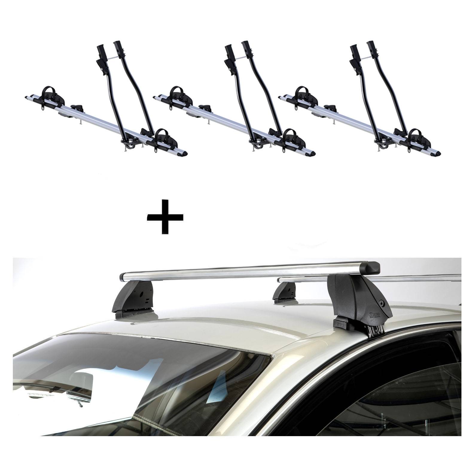 3x Fahrradträger SAGITTAR + Dachträger K1 PRO Aluminium kompatibel mit für Alfa Romeo 147 (5Türer) 00-10