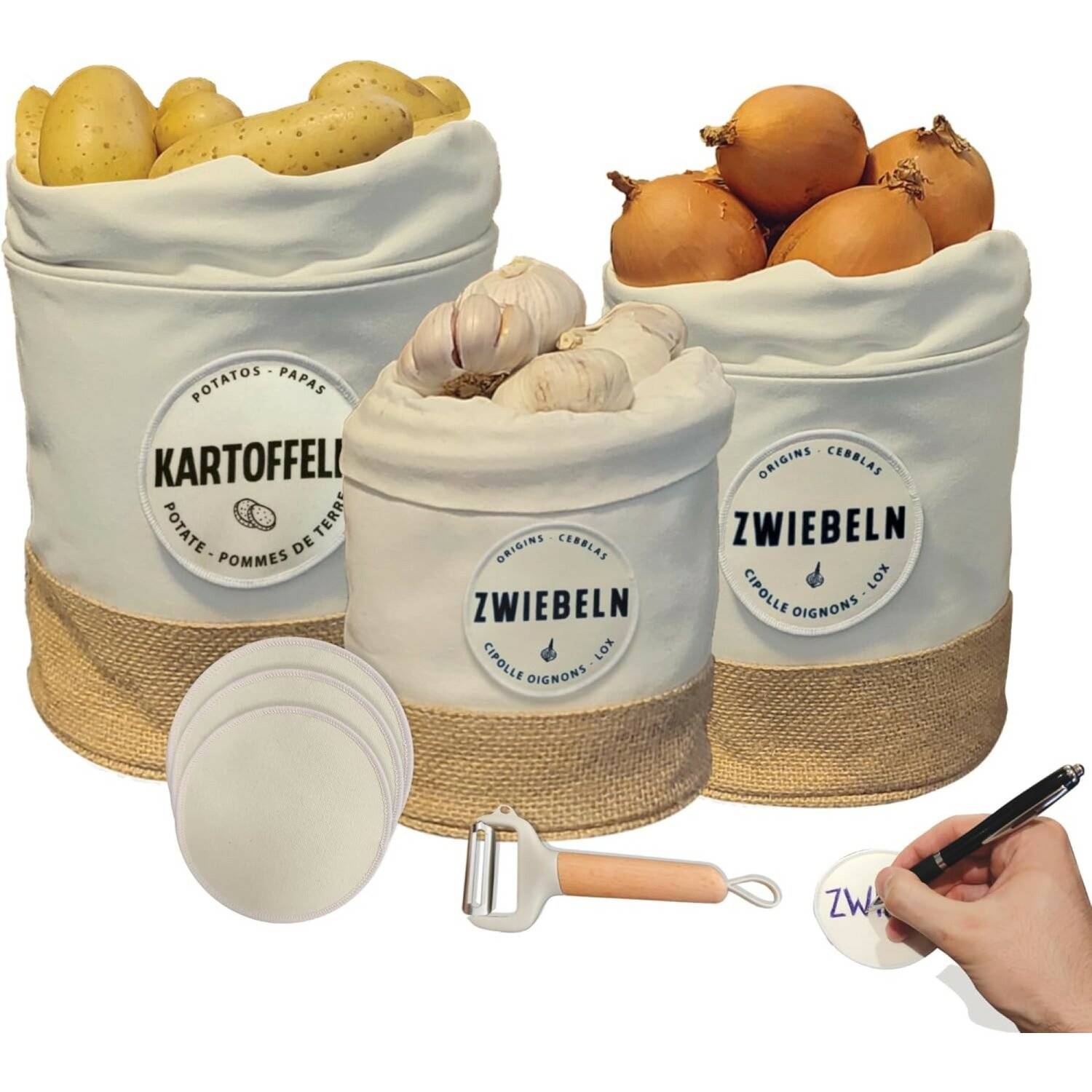 Nachhaltige Aufbewahrungsbox 3er Set beschriftbare Stoffbehälter Vintage Korb mit Leinenbeutel und Kartoffelschäler Weiß
