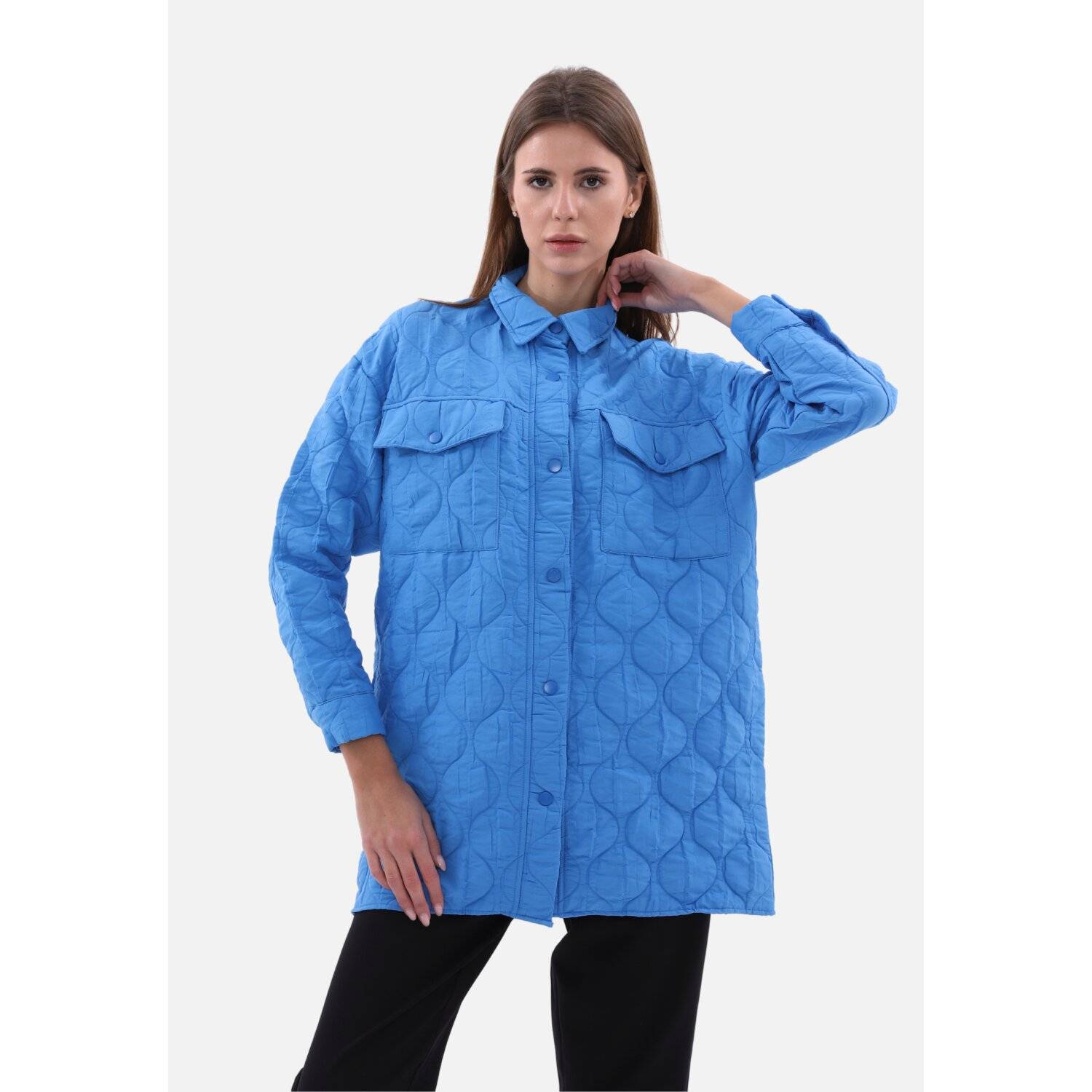 Damen Hemdjacke Stylische One-Size Damenjacke mit Kragen Blau