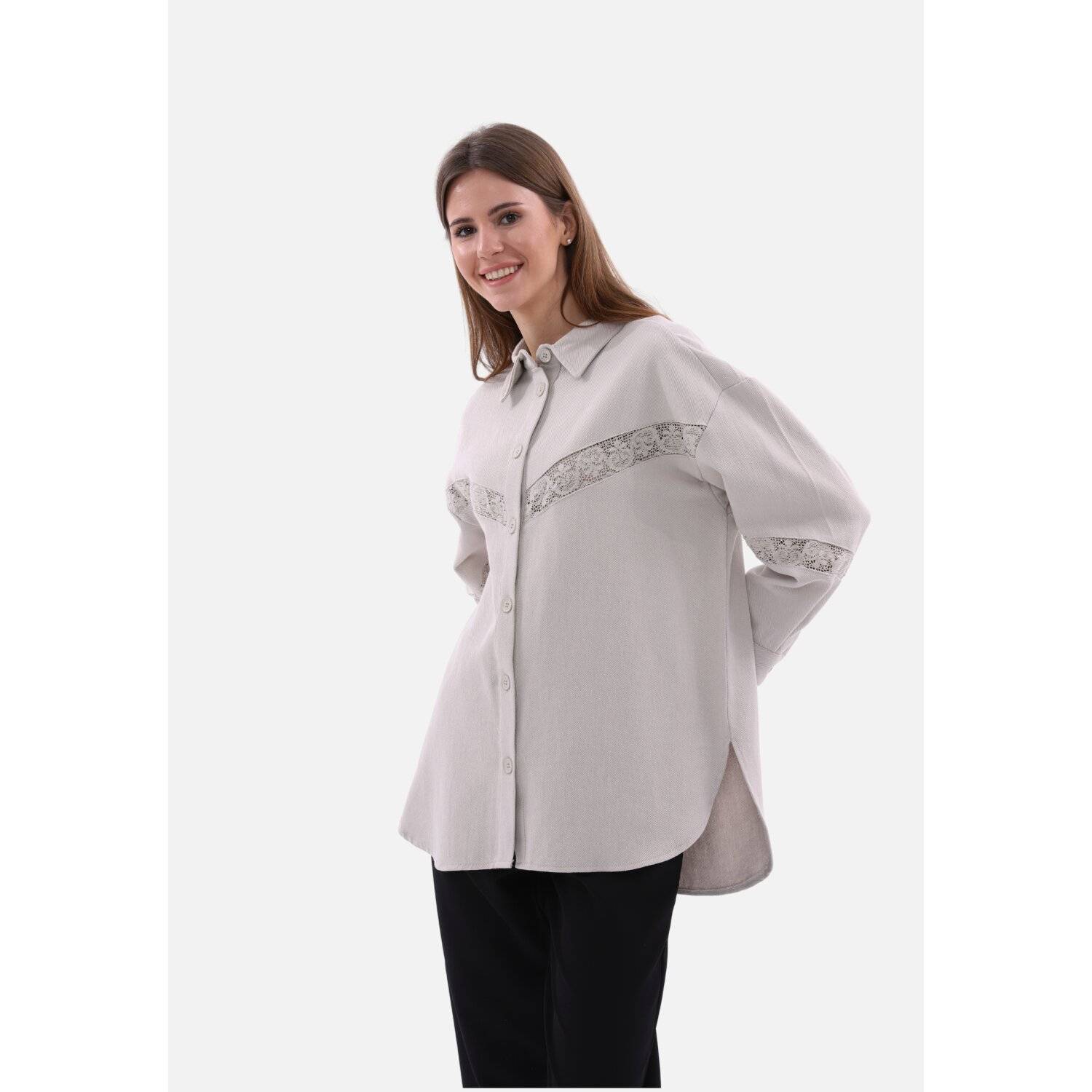 Damenhemd mit Spitze-Details One-Size Blusen Langarm Stein