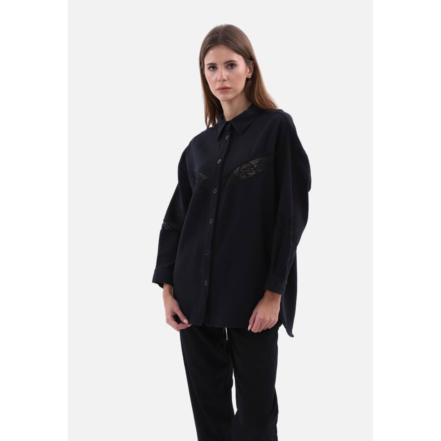 Damenhemd mit Spitze-Details One-Size Blusen Langarm Schwarz