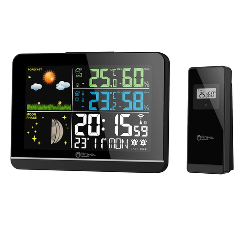 Funk-Wetterstation mit Farbdisplay Außensensor Schimmelwarner Hygrometer Barometer Datumsanzeige Mondphase Schwarz Frostalarm Wecker  Funk-Wetterstation mit Farbdisplay Außensensor Schimmelwarner Hygrometer Barometer Datumsanzeige Mondphase Schwarz Frostalarm Wecker