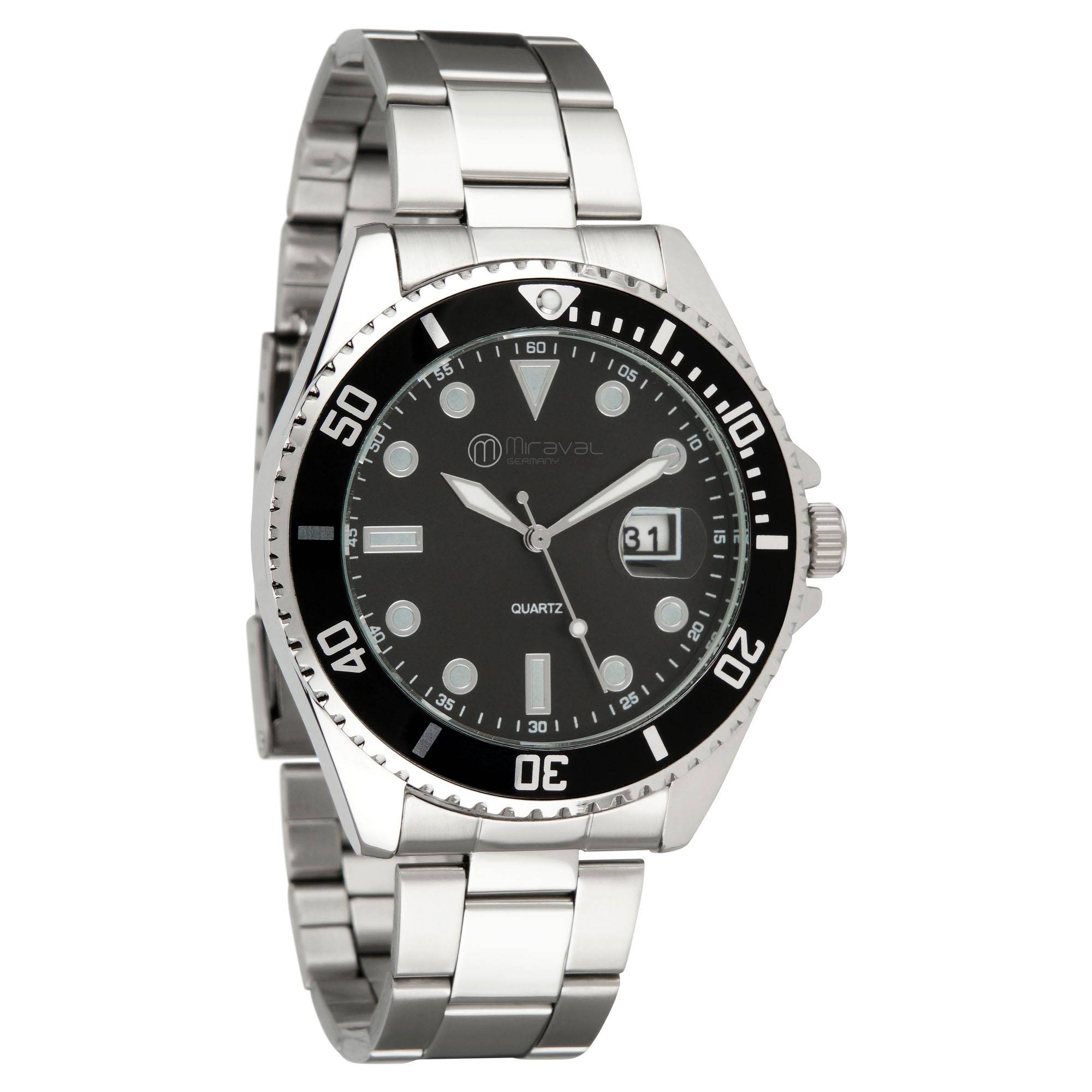 Miraval Herrenarmbanduhr mit Edelstahlarmband 43 mm Datumsanazeige Lupe japanisches Quarzuhrwerk 21 mm breit Klassich Modern Männer Schwarz