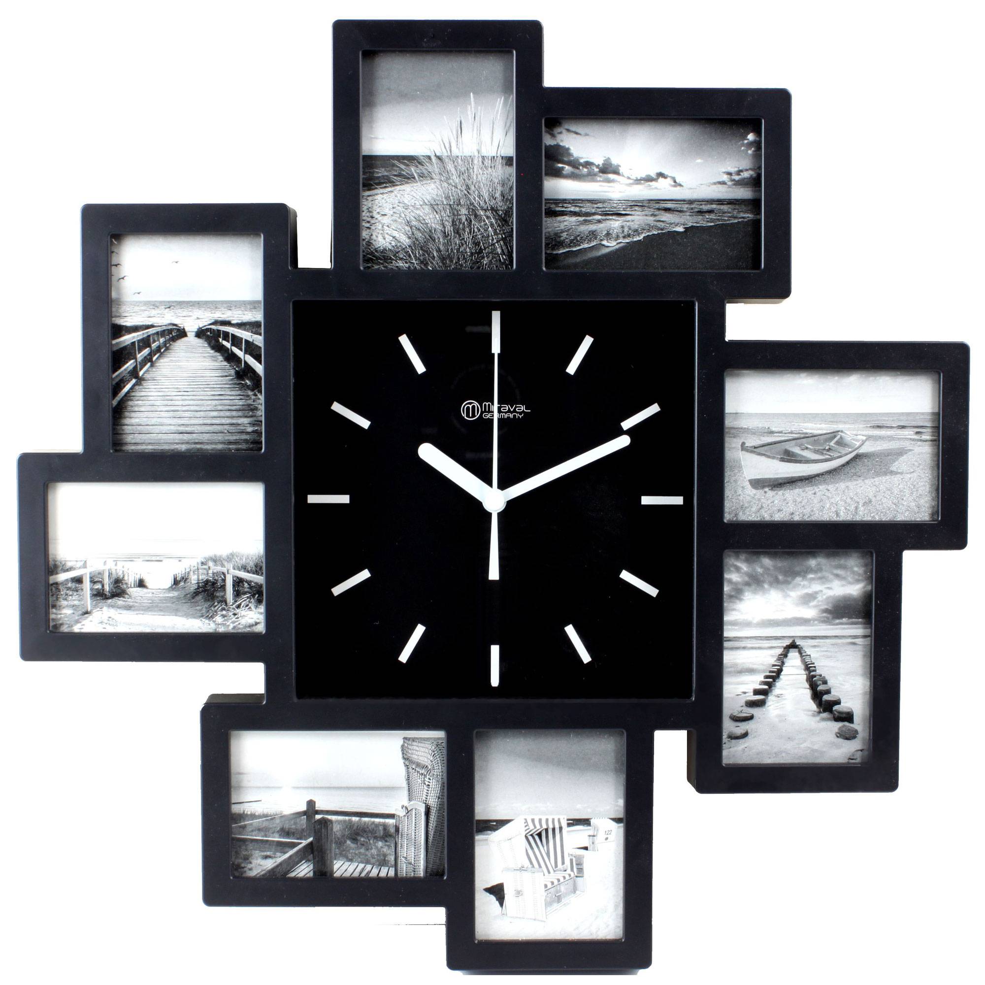 Miraval Design Bilderrahmenuhr Wanduhr mit 8 Bilderrahmen zum Individualisieren 350 mm lautlos kein Ticken Japanisches Quarzuhrwerk