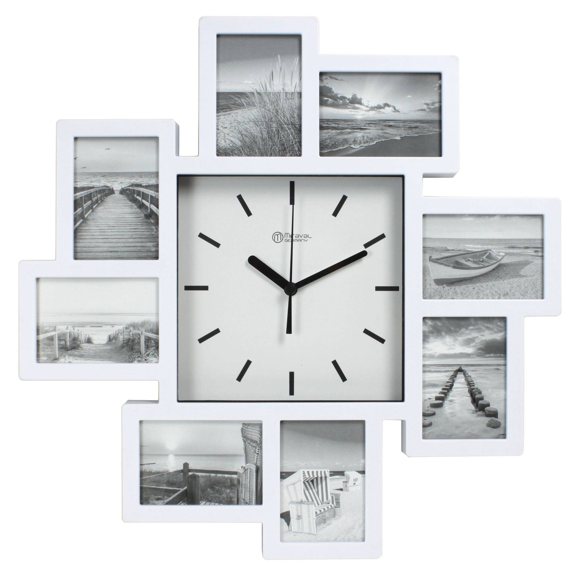 Miraval Design Bilderrahmenuhr Wanduhr mit 8 Bilderrahmen zum Individualisieren 350 mm lautlos kein Ticken Japanisches Quarzuhrwerk