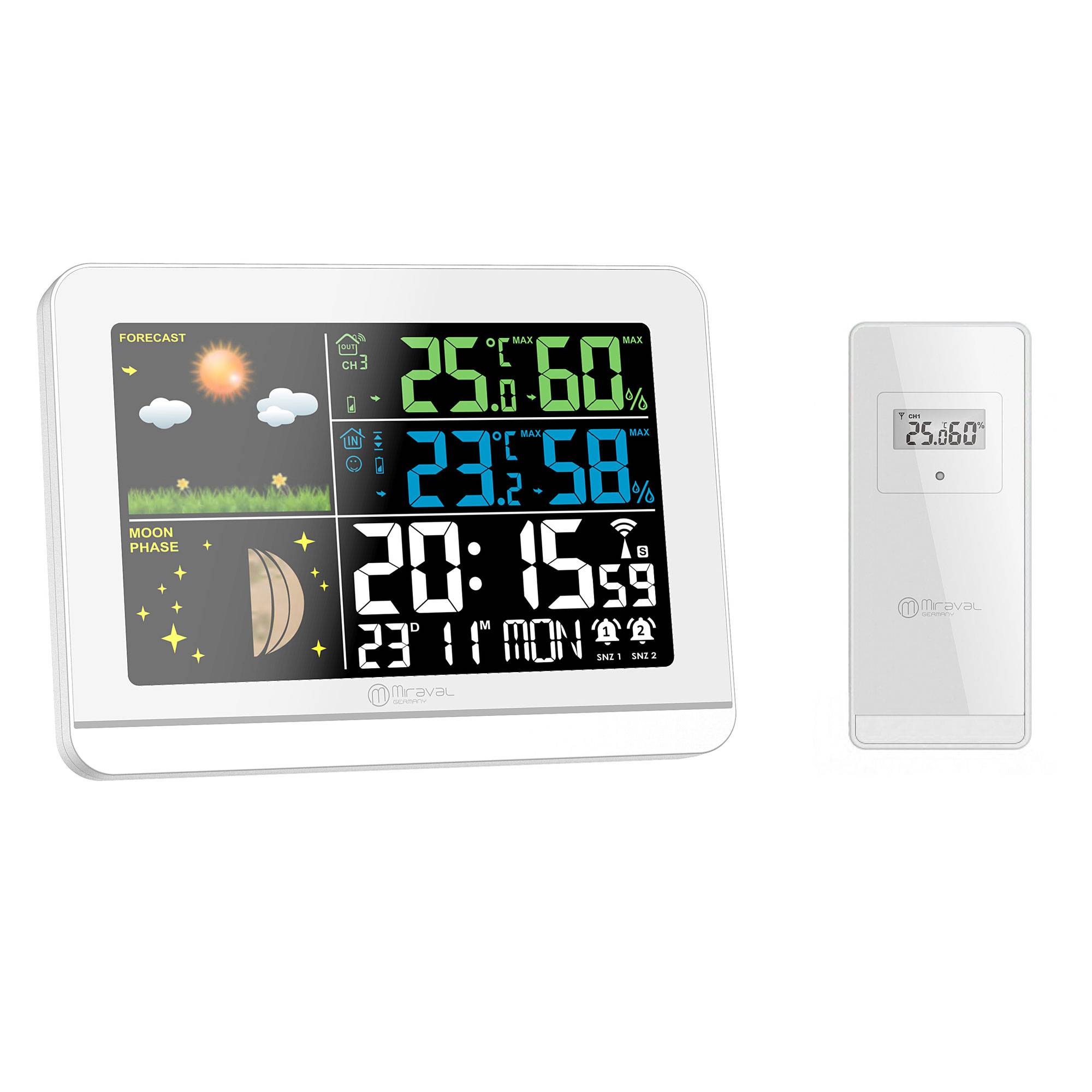 Funk-Wetterstation mit Farbdisplay Außensensor Schimmelwarner Hygrometer Barometer Datumsanzeige Mondphase Schwarz Frostalarm Wecker 
