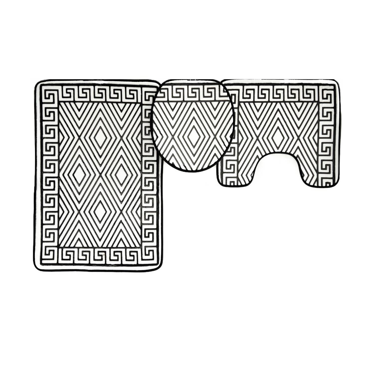 3 Teiliges Badematten-Set mit Muster aus Polyester Rutschfest und Waschbar Schwarz