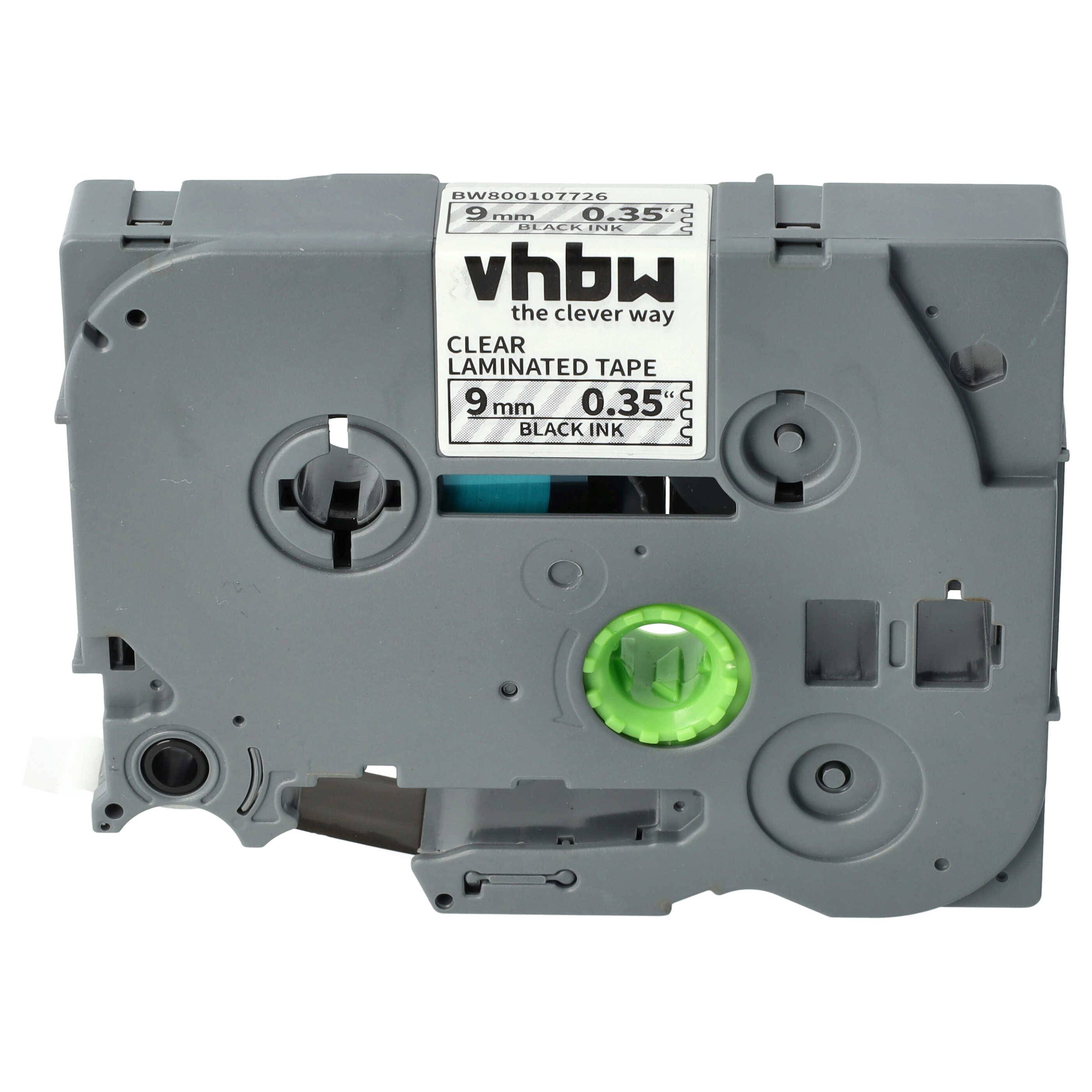 vhbw Schriftband-Kassette kompatibel mit Brother PT 340C, 3600, 350, 340, 310, 300-Serie Etiketten-Drucker 8m x 9mm Schwarz auf Transparent