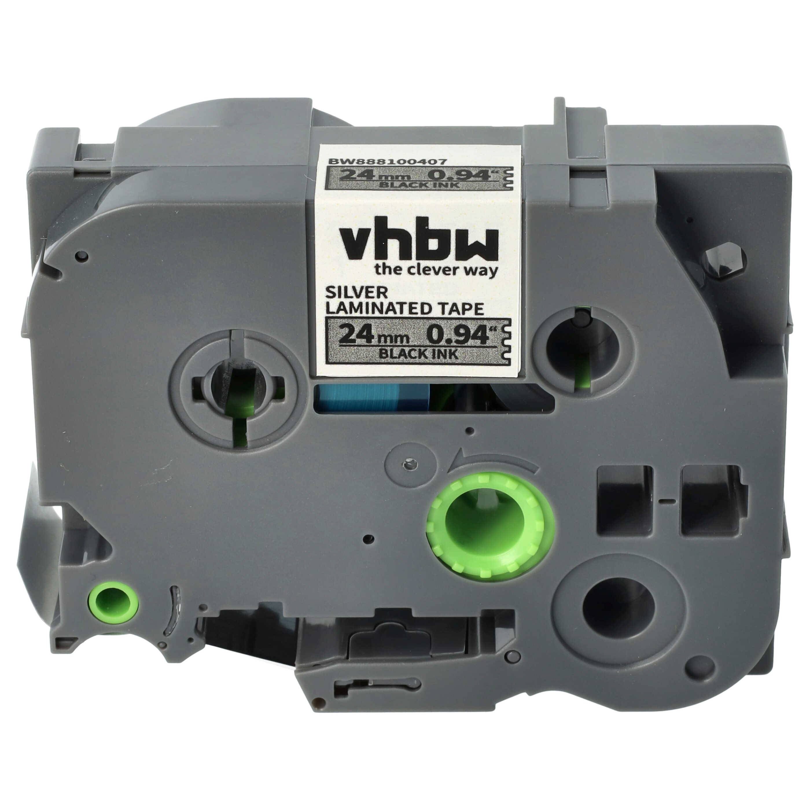 vhbw Schriftband-Kassette kompatibel mit Brother PT H500LI, H500, P700, E550W, E550WVP, E800W, P750 Etiketten-Drucker 8m x 24mm Schwarz auf Silber