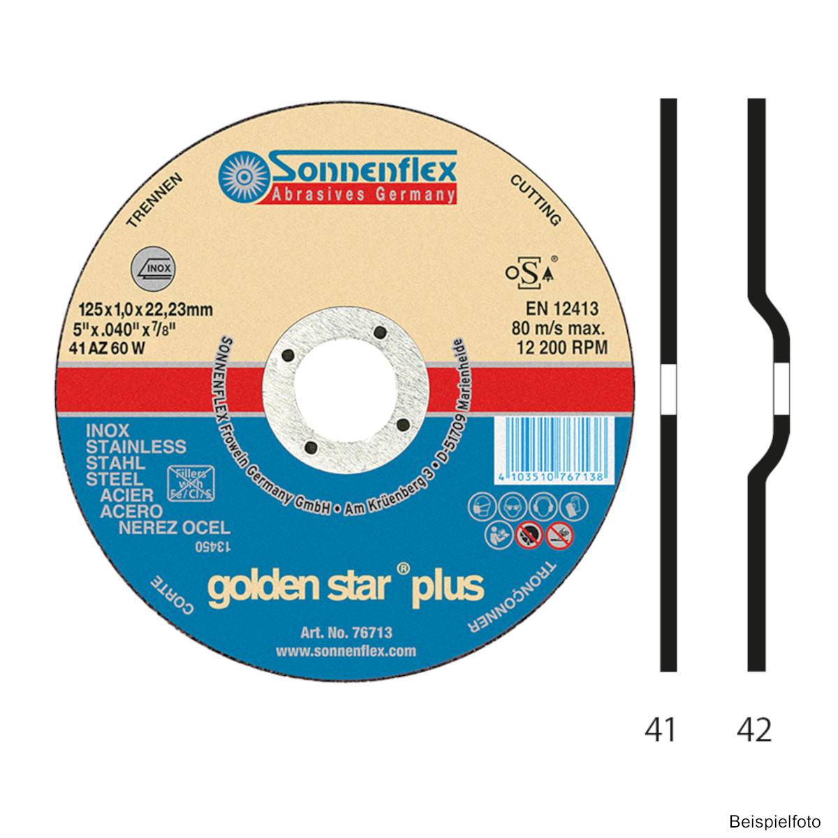 Sonnenflex Trennscheibe Golden Star Plus - für Edelstahl 230 x 1.9 x 22.23, Form 42 (AZ 46 W BF)