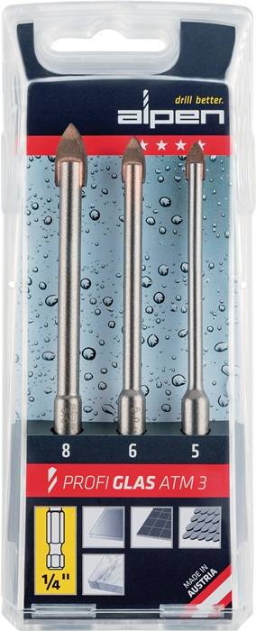 ALPEN 0028900003100 Glasbohrer-Satz Profi Glas ATM3 3-teilig Ø 5/6/8 mm Schaft 6