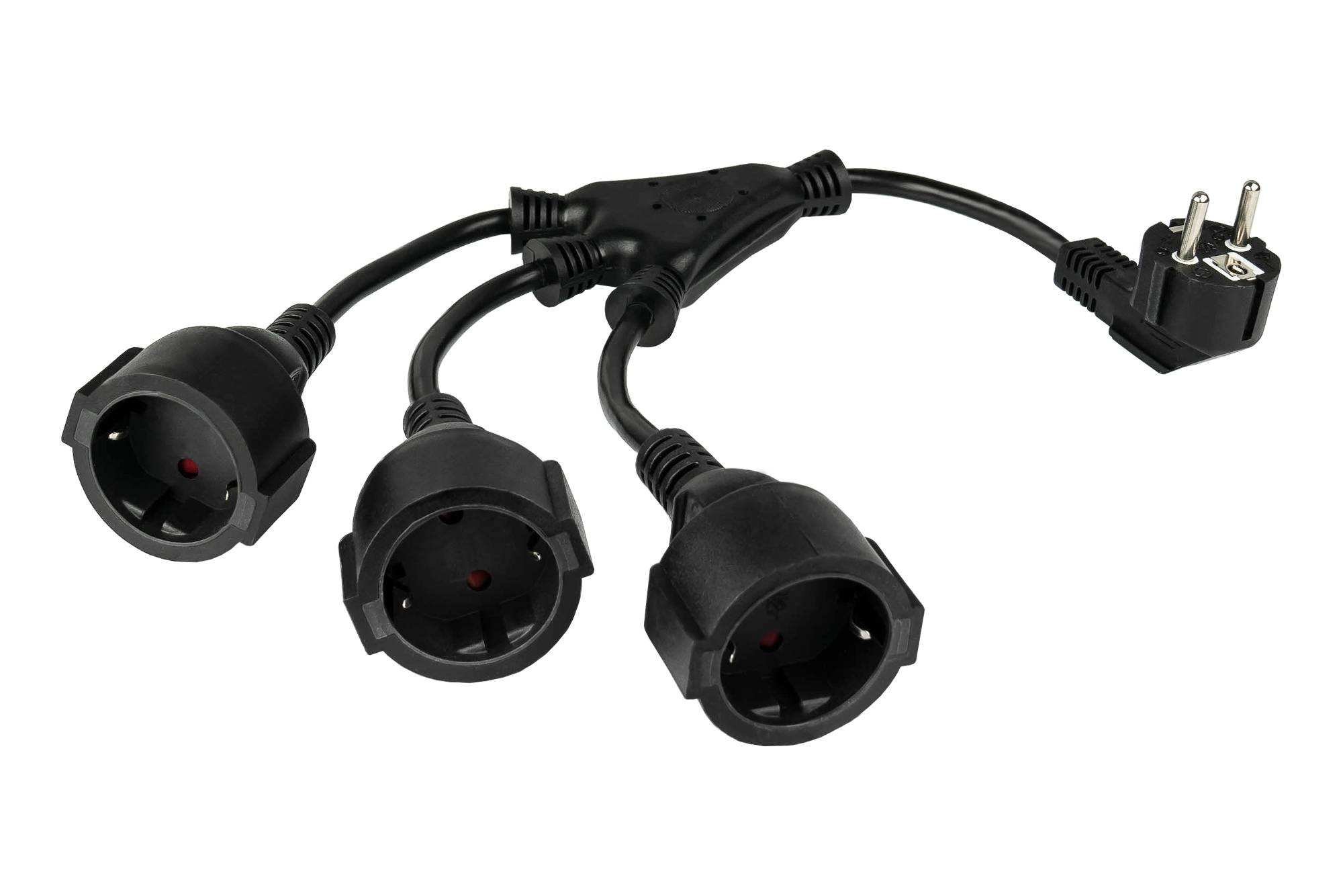 W-Netzkabel Schutzkontakt-Stecker Typ E+F (CEE 7/7, gewinkelt) an 3x Buchse, schwarz, 0,2m