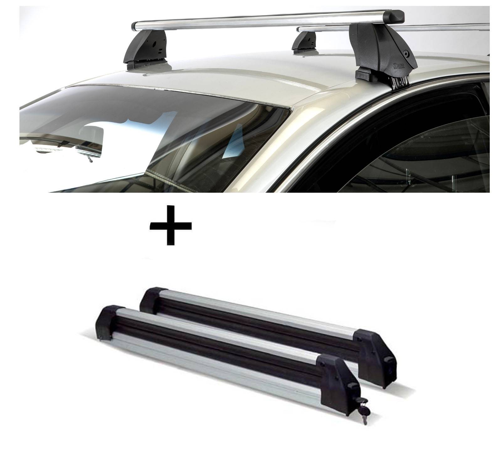 Skiträger Silver Ice ausziehbar + Dachträger K1 PRO Aluminium kompatibel mit für Ford Mondeo IV Station Wagon (5Türer) ab 14