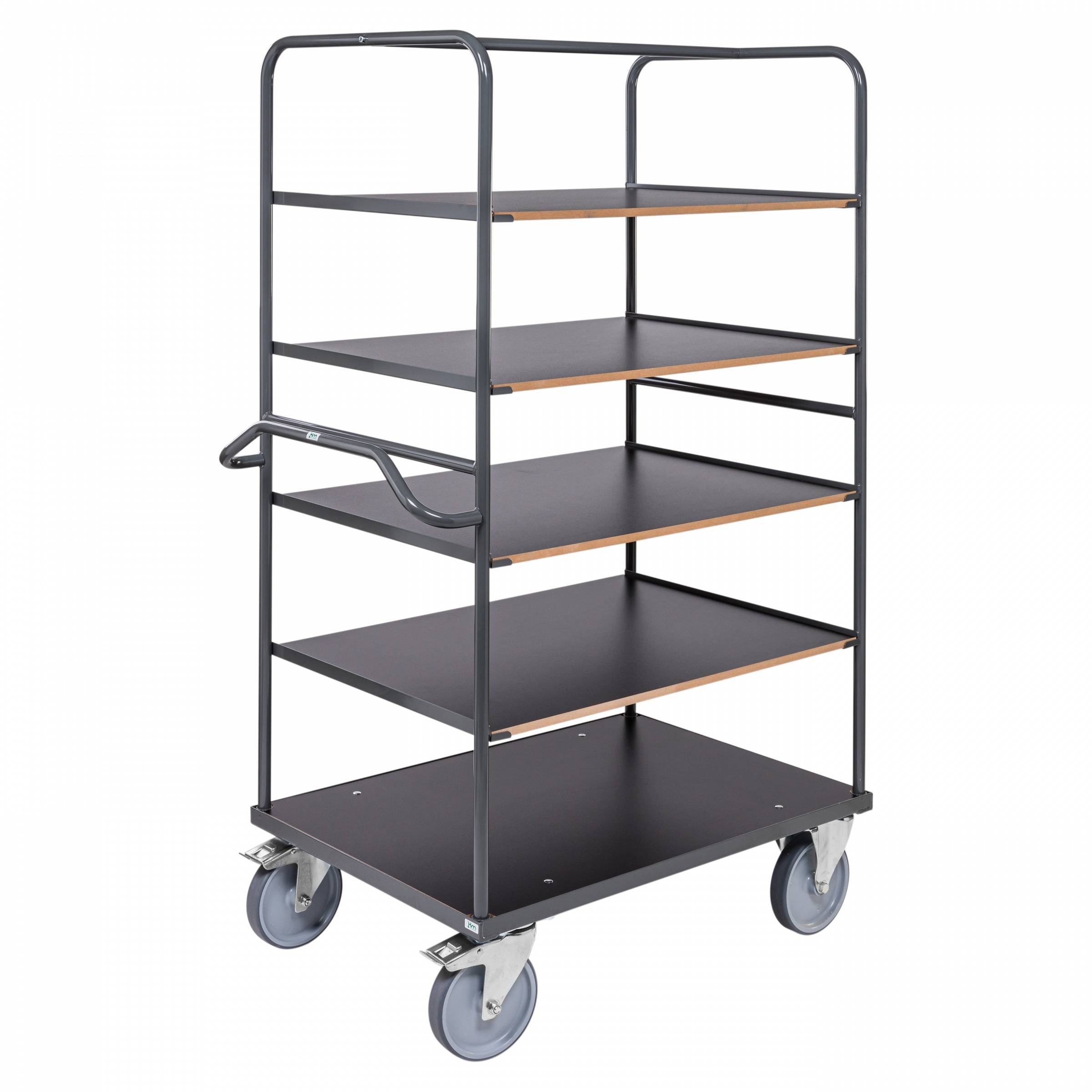Kongamek ergonomischer Etagenwagen in dunkelgrau 1300x800x1800mm mit 5 Etagen, Gummibereifung und Bremse