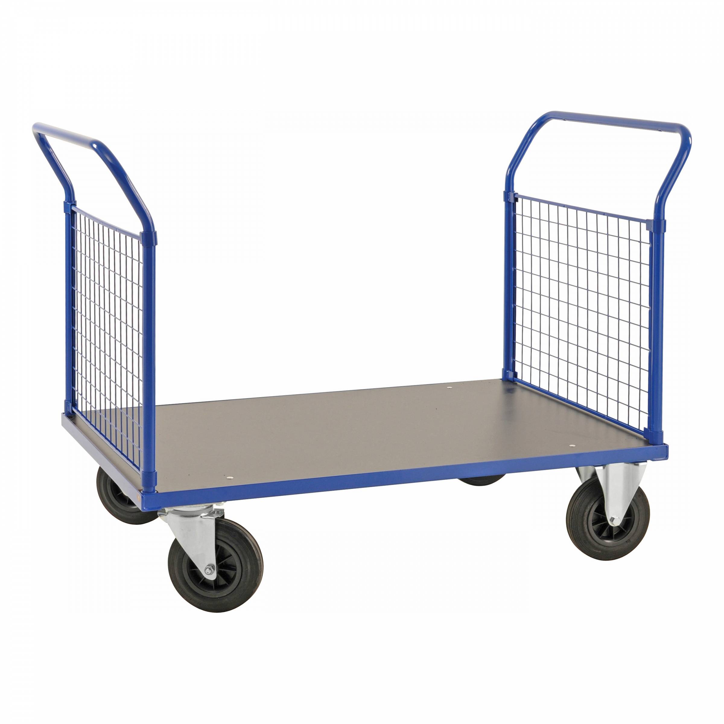 Kongamek Plattformwagen in blau 1366x800x1020mm mit MDF-Platte und 2 Schiebebügeln mit Gummibereifung ohne Bremse