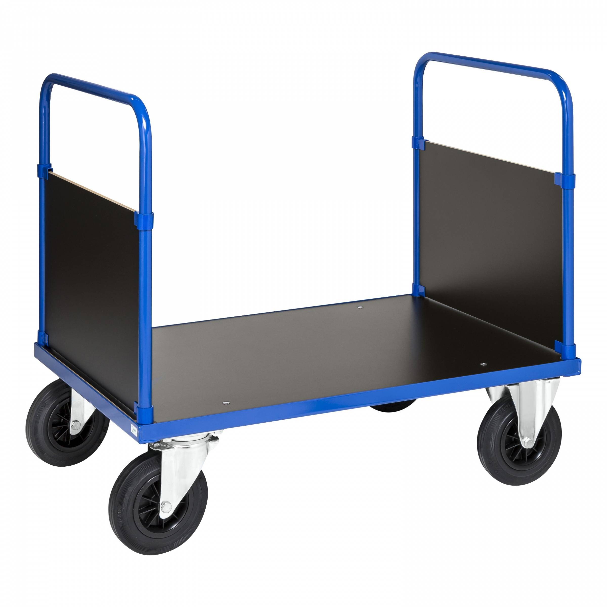 Kongamek Plattformwagen in blau 1200x800x900mm mit MDF-Platte und 2 Seitenwänden mit Gummibereifung ohne Bremse
