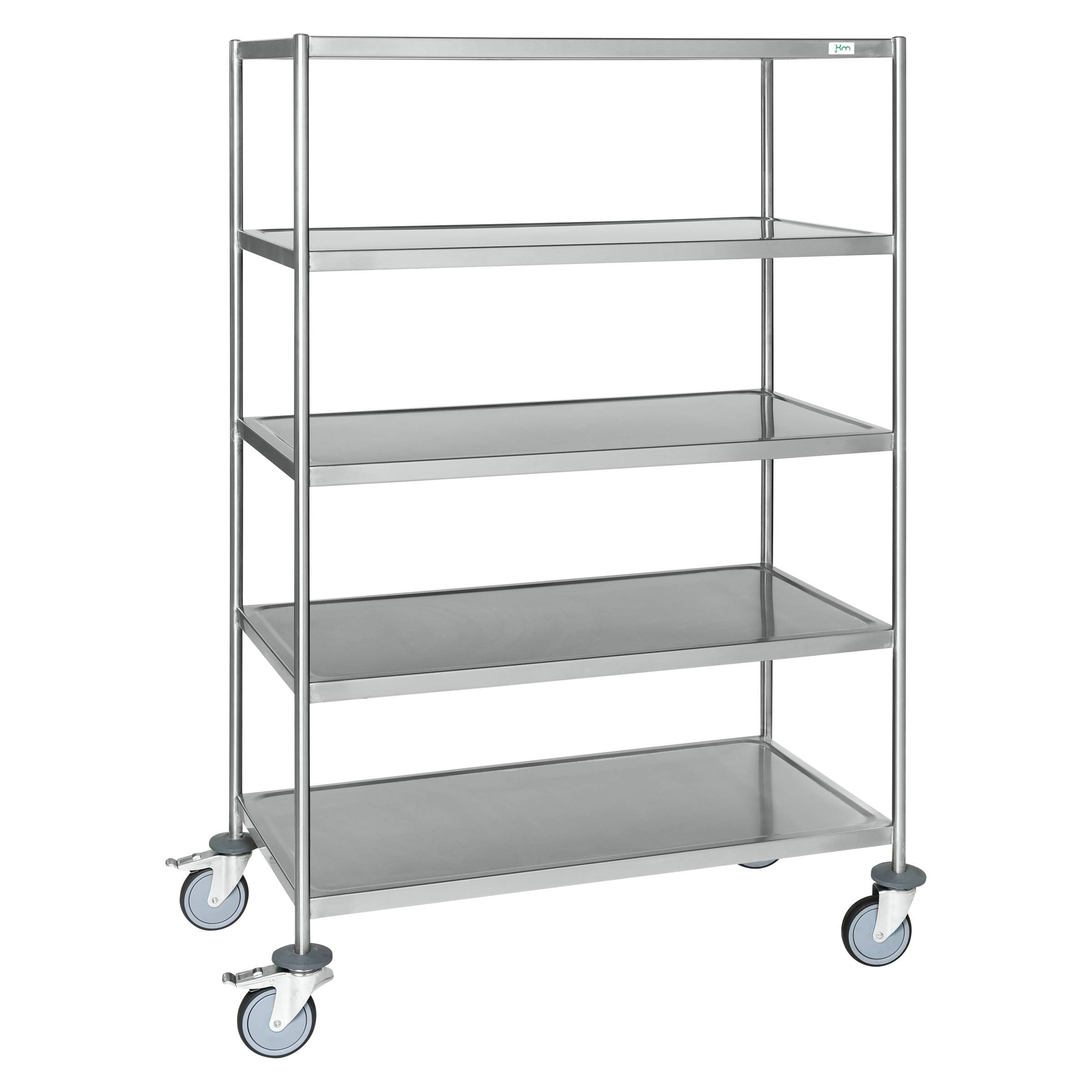 Kongamek Edelstahl- Etagenwagen vollständig geschweißt, 5 Ladeflächen 800x550mm Gummibereifung rostfrei mit Bremse