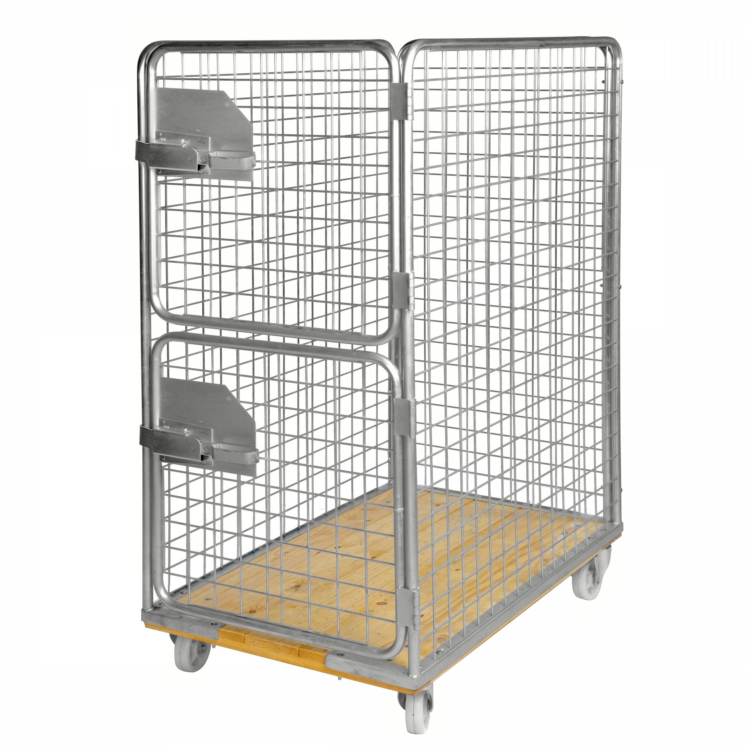 Kongamek Rollcontainer verzinkt 1200x750x1700mm mit Holzboden, 4 Gitterwänden 65x65mm und 2 halb öffnende Türen ohne Bremse