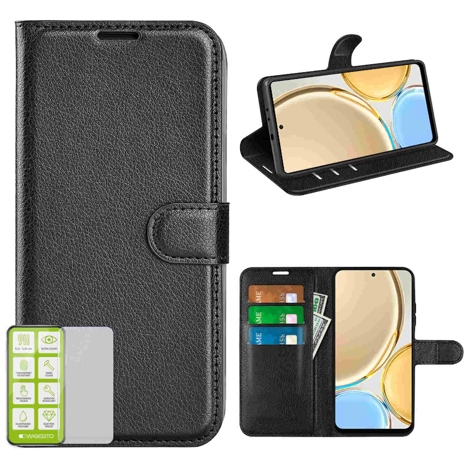 Für Honor X7b Kunst-Leder Book Wallet Handy Tasche Schwarz + Hart Glas