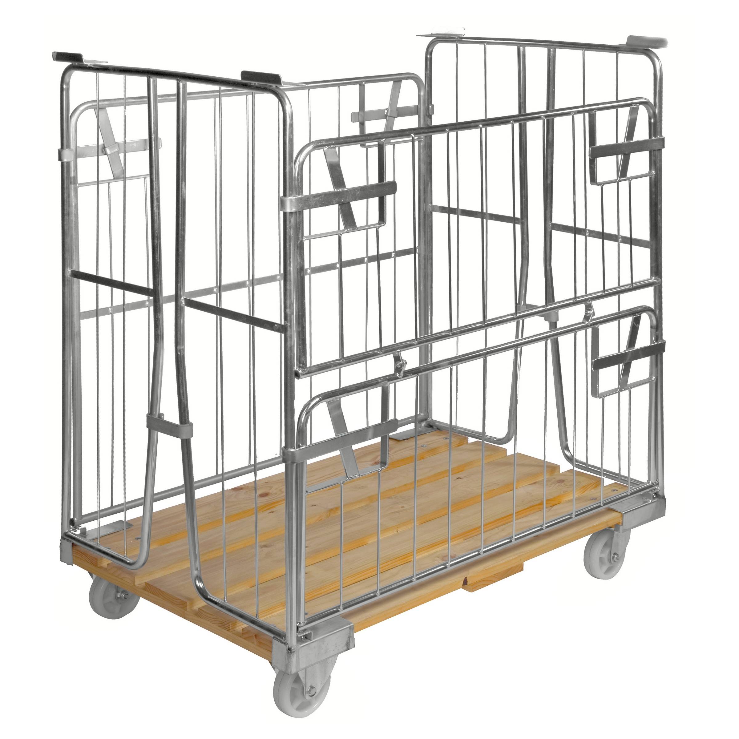 Kongamek Rollcontainer verzinkt 1200x800x1420mm mit Holzboden, 4 Gitterwänden, 1 Tür in der Hälfte zu öffnen und Bremse