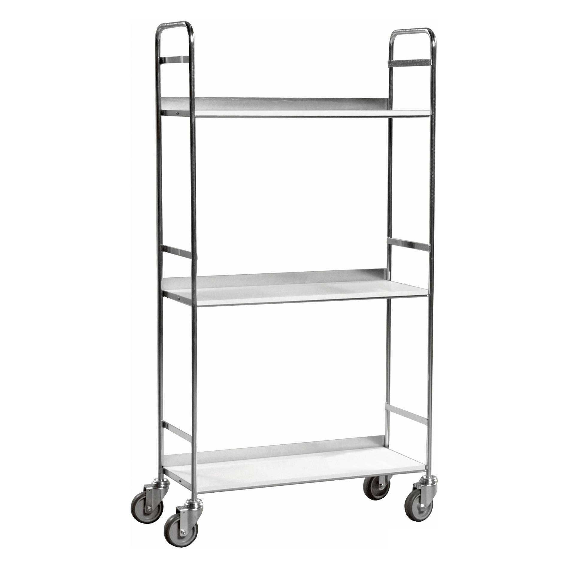 Kongamek mobiler Etagenwagen 790x290x1500mm verzinkt 100kg Tragkraft mit 3 Böden und 6 Buchstützen