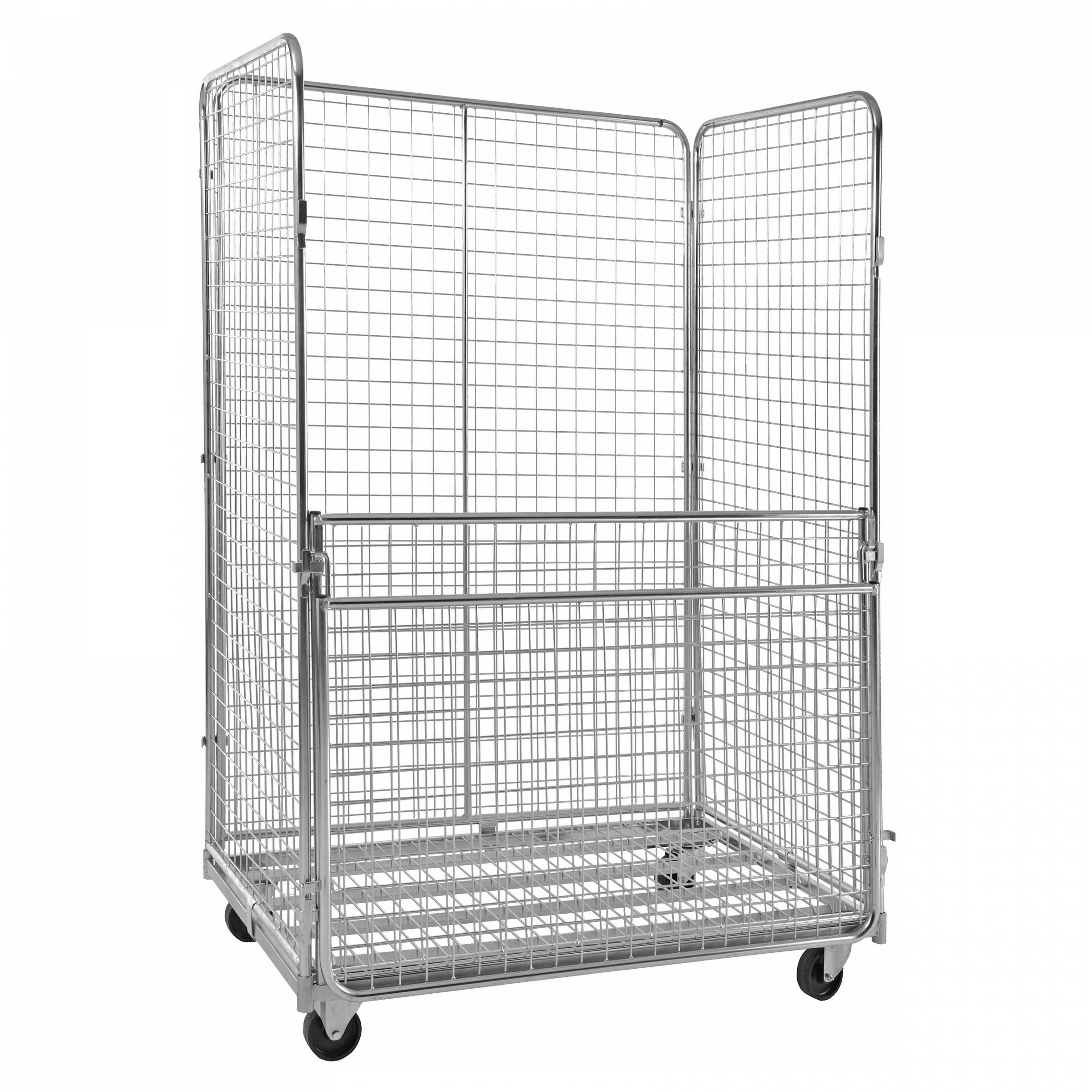 Kongamek Rollcontainer verzinkt 1200x800x1800mm mit 4 Gitterwänden 50x50mm vorne halb zu öffnen ohne Bremse