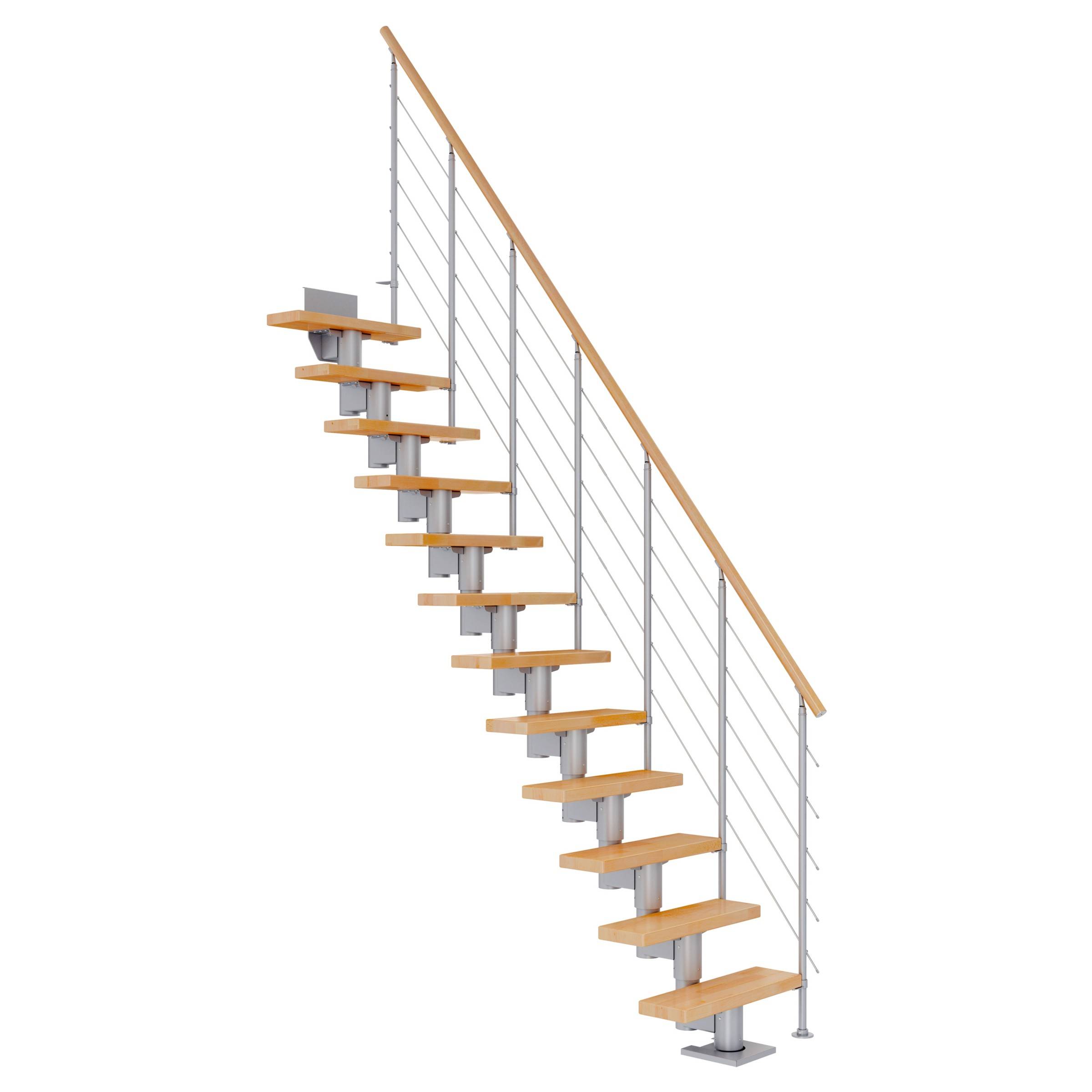 Dolle Mittelholmtreppe Dublin Gerade aus Buche lackiert 61 cm breit für GH 278–337 cm UK Metall Perlgrau mitlaufende Edelstahlstäbe