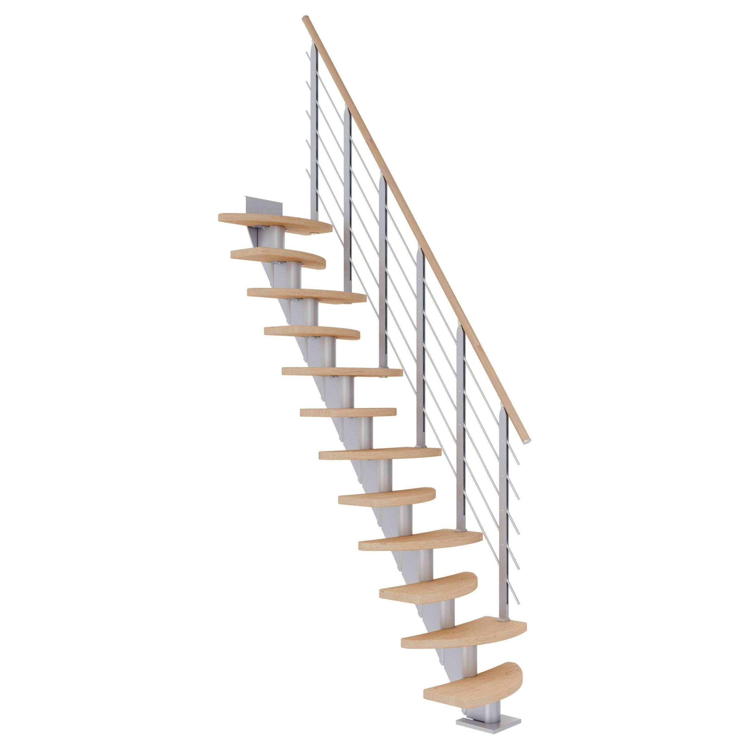 Dolle Mittelholmtreppe Berlin Eiche weiß, geölt 64 cm breit für Geschosshöhen 203 – 247 cm UK Metall Perlgrau inkl. einseitigem Designgeländer