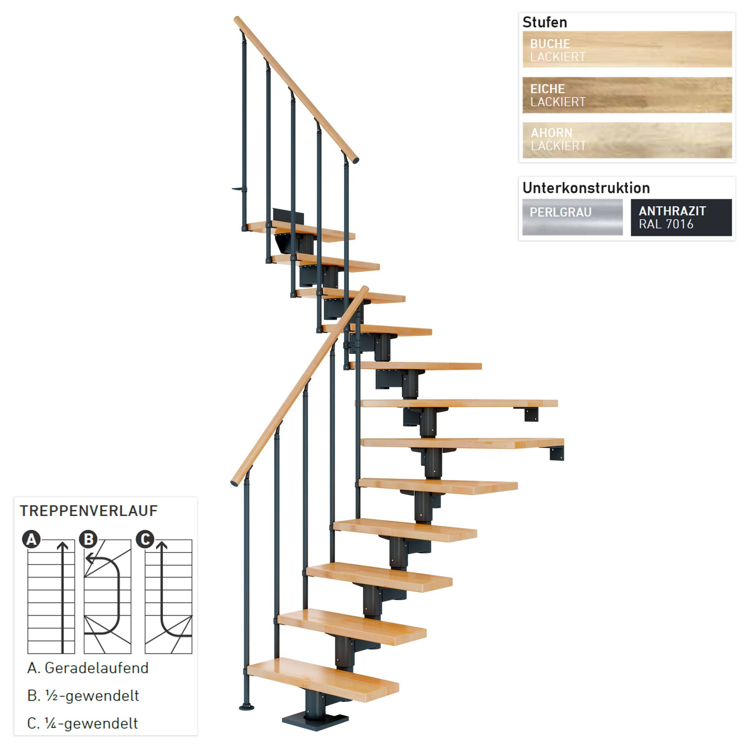 Dolle Mittelholmtreppe Cork Eiche, lackiert 1/2 gewendelt 75 cm breit für GH 259 – 315 cm UK Metall Perlgrau mit Geländer