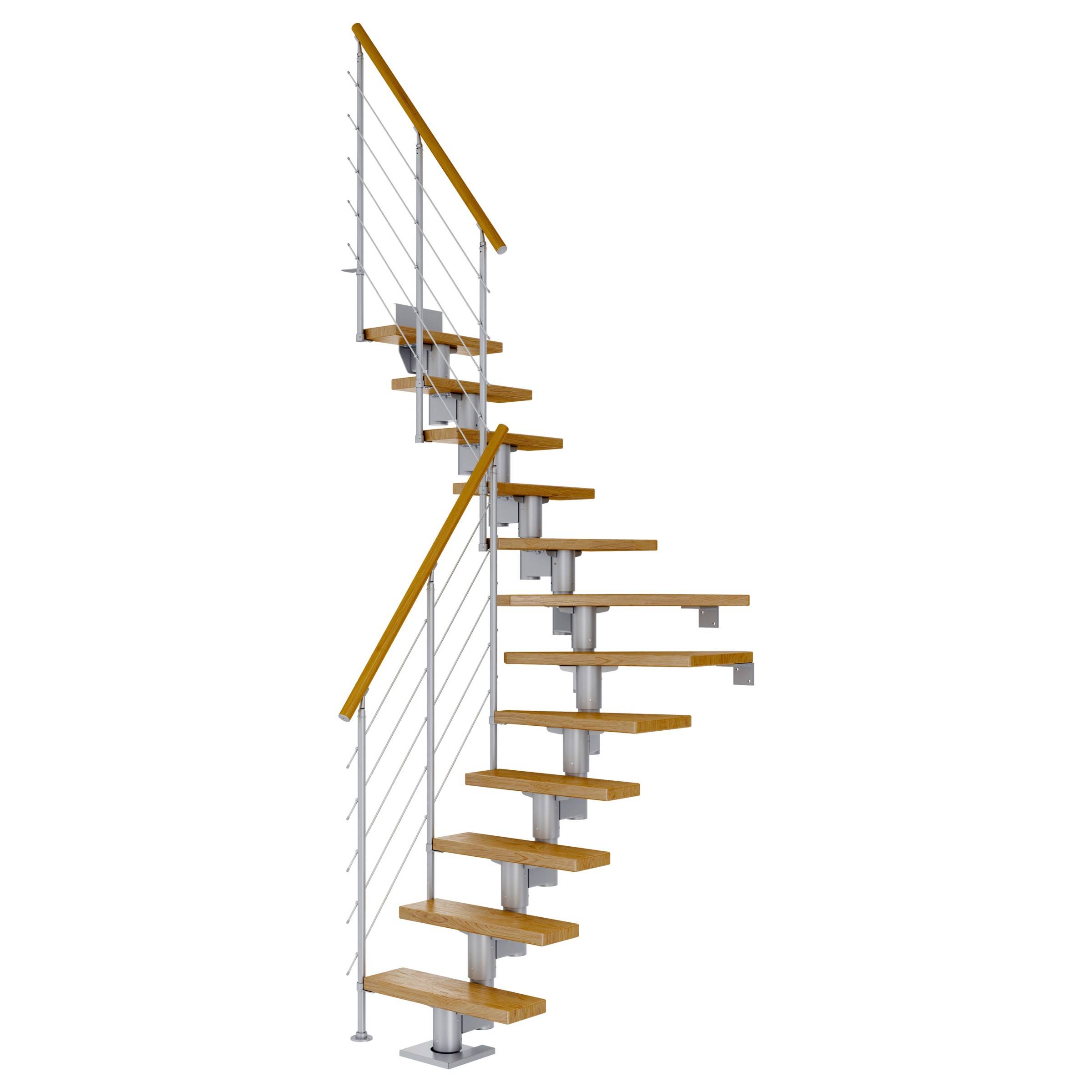 Dolle Mittelholmtreppe Dublin 1/4 gewendelt aus Eiche lackiert 61 cm breit für GH 222–270 cm UK Metall Perlgrau mitlaufende Edelstahlstäbe